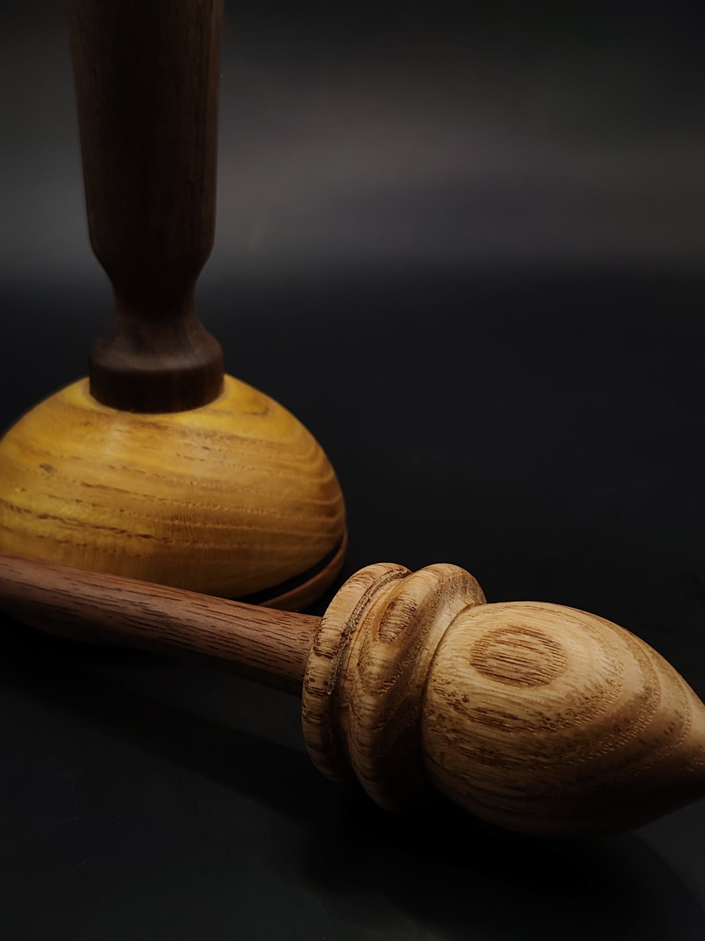 Support Spindle – Chestnut Whorl & Walnut Shaft (27.5 cm, 24 g) with Walnut & Mulberry Lap Bowl | Handcrafted for Yarn Spinning | Kravelli