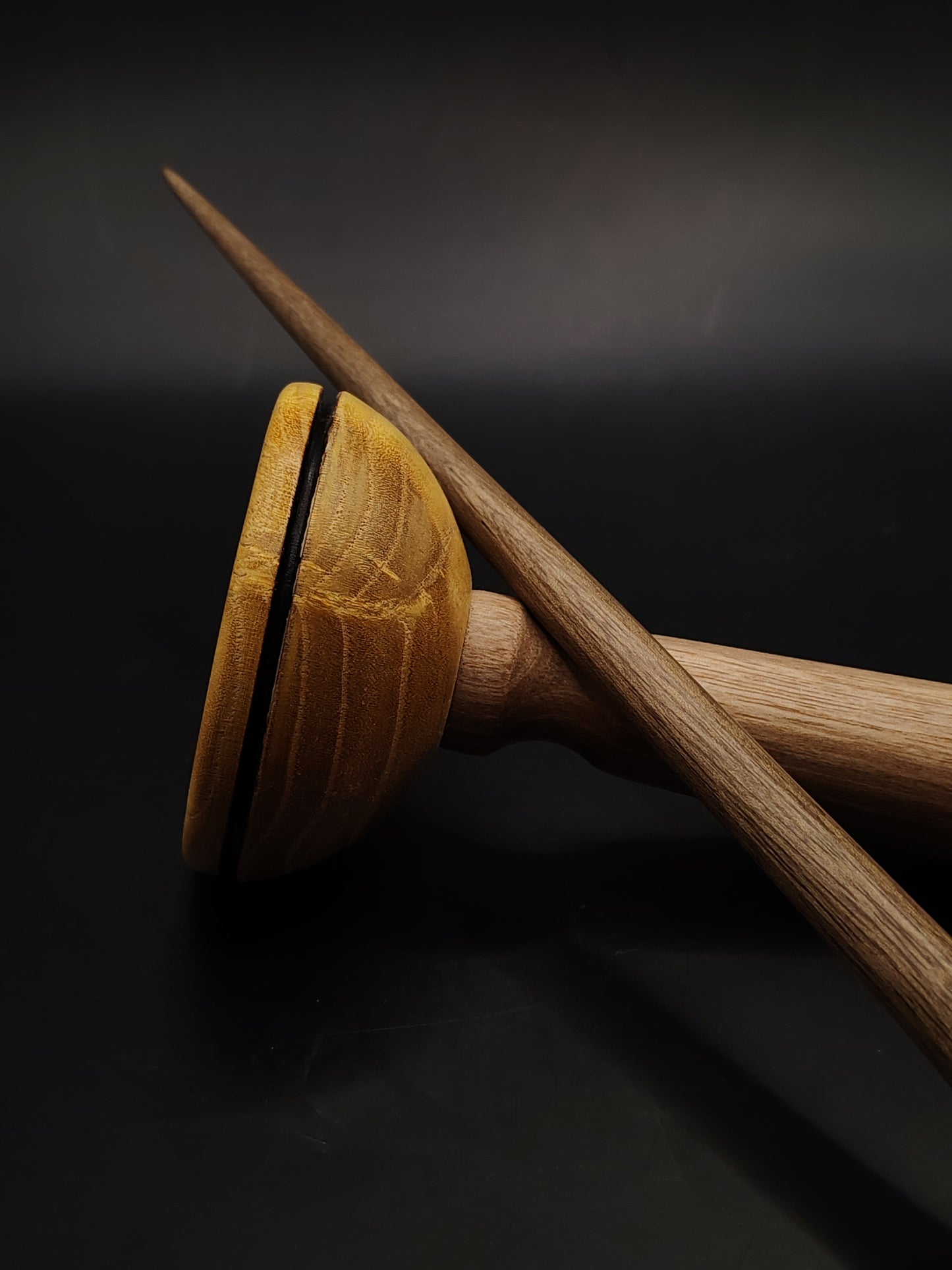 Support Spindle – Walnut Whorl & Shaft (27.5 cm, 22 g) with Walnut & Mulberry Lap Bowl | Spinning Tool by Kravelli