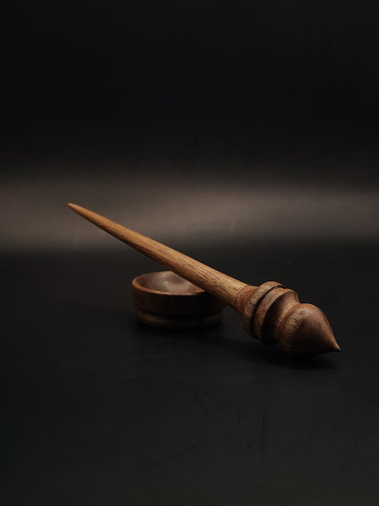 Mini Support Spindle – Walnut Wood (16 cm / 11 g) + Tiny Walnut Spinning Bowl | Micro Spindle Set by Kravelli