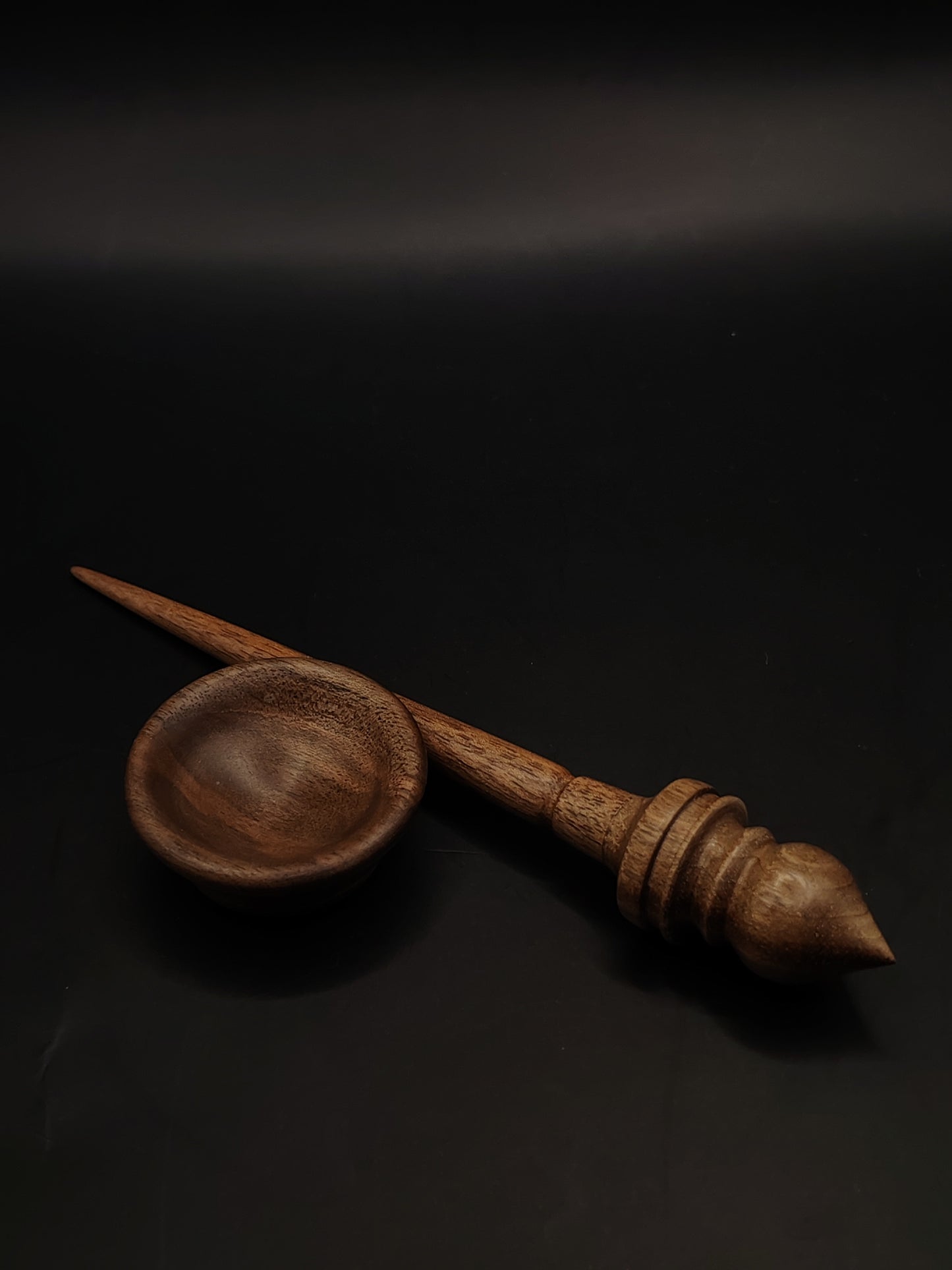 Mini Support Spindle – Walnut Wood (16 cm / 10 g) + Tiny Walnut Spinning Bowl | Micro Spindle Set by Kravelli