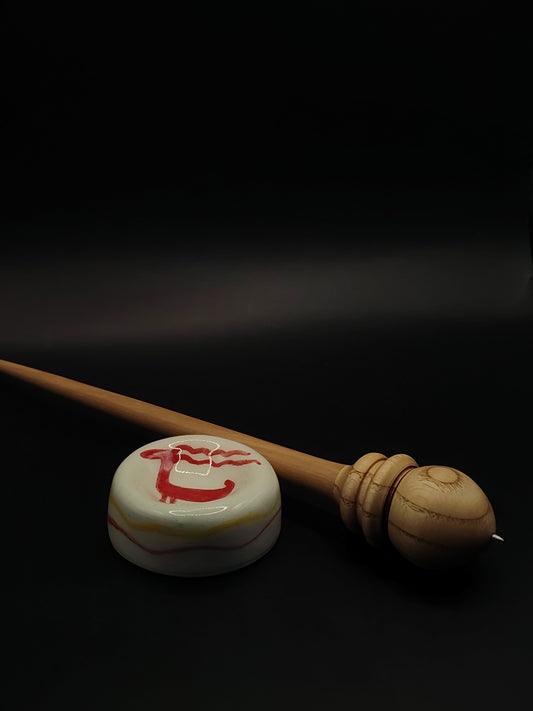 Support Spindle with Metal Tip – Chestnut Whorl & Pear Wood Shaft (27 cm / 25 g) + Ceramic Spinning Bowl Set | Handmade by Kravelli