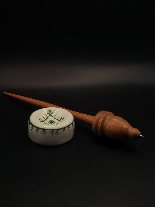 Support Spindle with Metal Tip – Beech Wood (25.5 cm / 27 g) + Ceramic Spinning Bowl Set | Hand-Turned by Kravelli