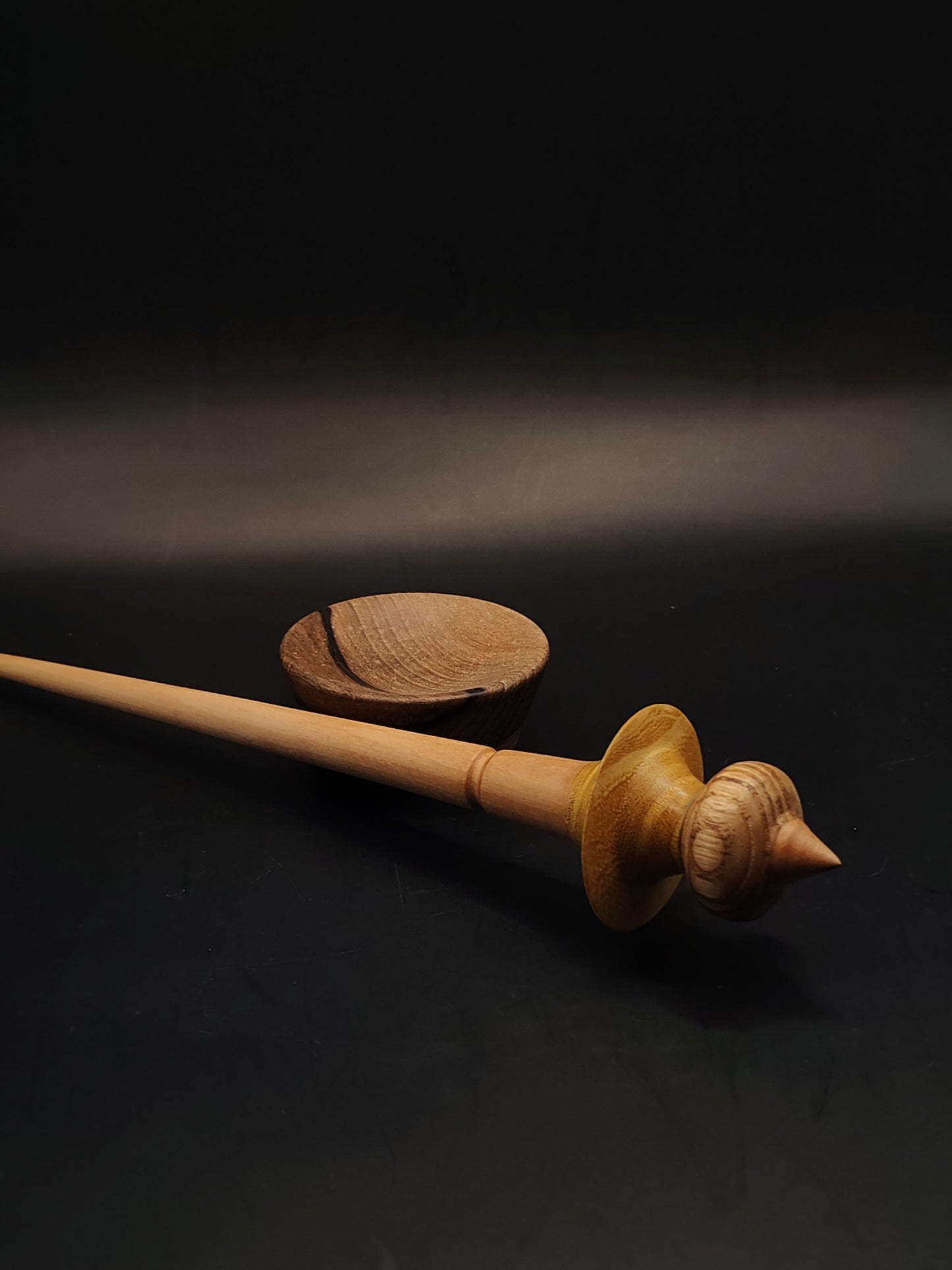 Support Spindle – Pear Shaft + Chestnut & Mulberry Whorl (25 cm / 9.8″, 20 g / 0.70 oz) + Walnut Spinning Bowl | Artisan Handmade by Kravelli