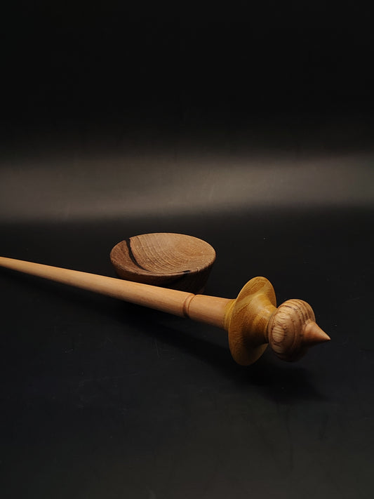 Support Spindle – Pear Shaft + Chestnut & Mulberry Whorl (25 cm / 9.8″, 20 g / 0.70 oz) + Walnut Spinning Bowl | Artisan Handmade by Kravelli