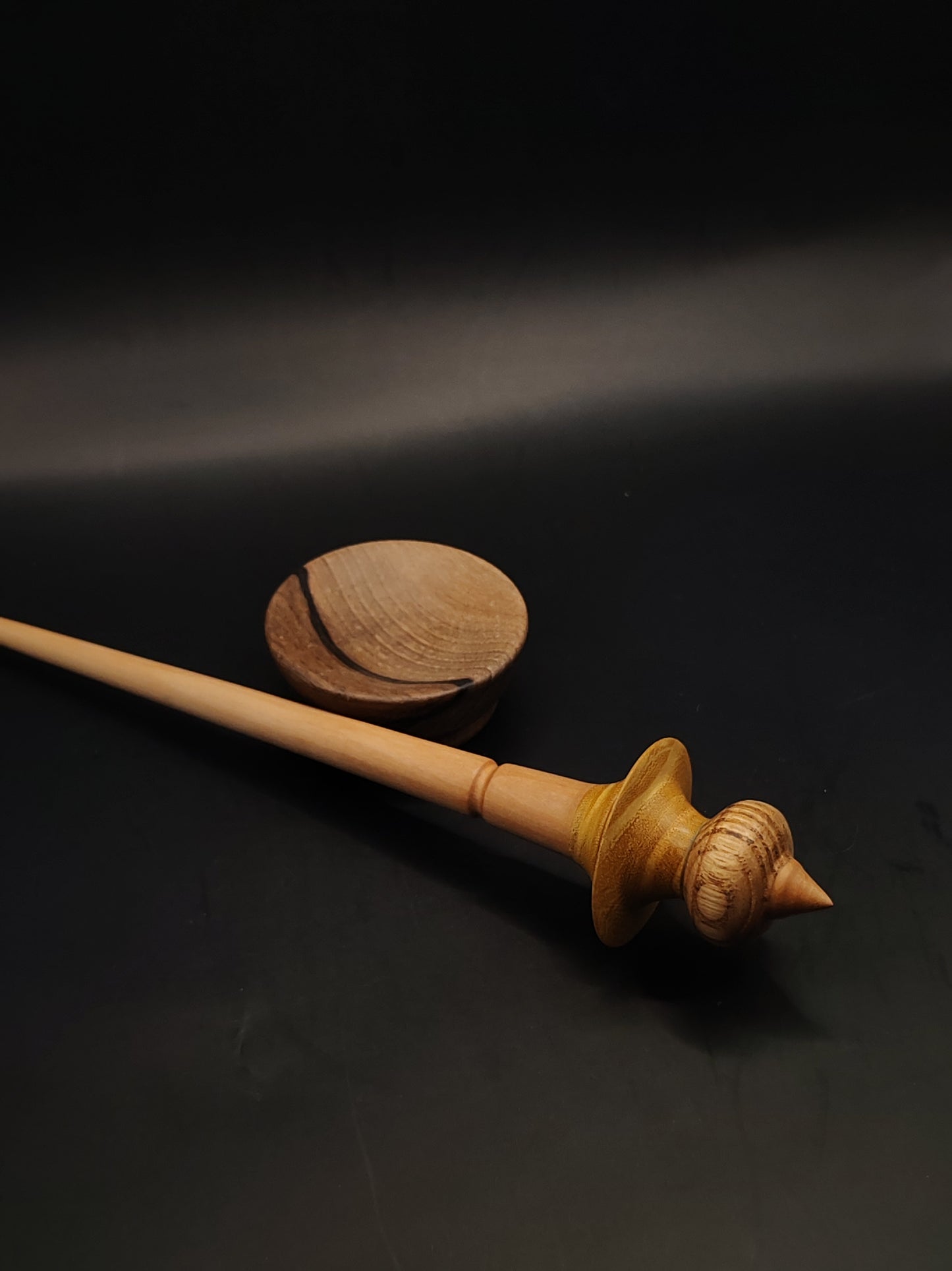 Support Spindle – Pear Shaft + Chestnut & Mulberry Whorl (25 cm / 9.8″, 20 g / 0.70 oz) + Walnut Spinning Bowl | Artisan Handmade by Kravelli