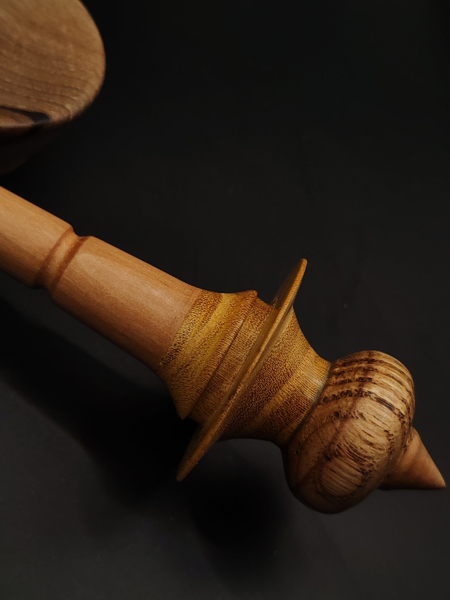 Support Spindle – Pear Shaft + Chestnut & Mulberry Whorl (25 cm / 9.8″, 20 g / 0.70 oz) + Walnut Spinning Bowl | Artisan Handmade by Kravelli