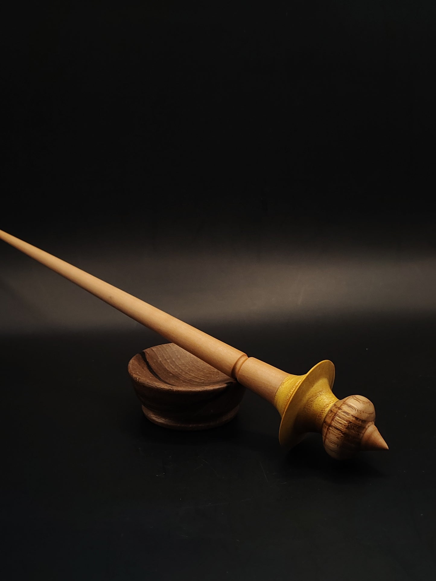 Support Spindle – Pear Shaft + Chestnut & Mulberry Whorl (25 cm / 9.8″, 20 g / 0.70 oz) + Walnut Spinning Bowl | Artisan Handmade by Kravelli