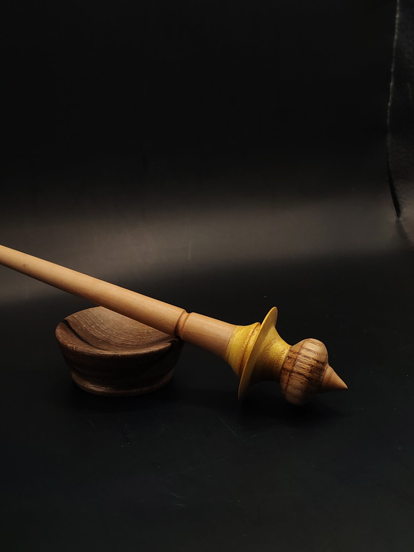 Support Spindle – Pear Shaft + Chestnut & Mulberry Whorl (25 cm / 9.8″, 20 g / 0.70 oz) + Walnut Spinning Bowl | Artisan Handmade by Kravelli