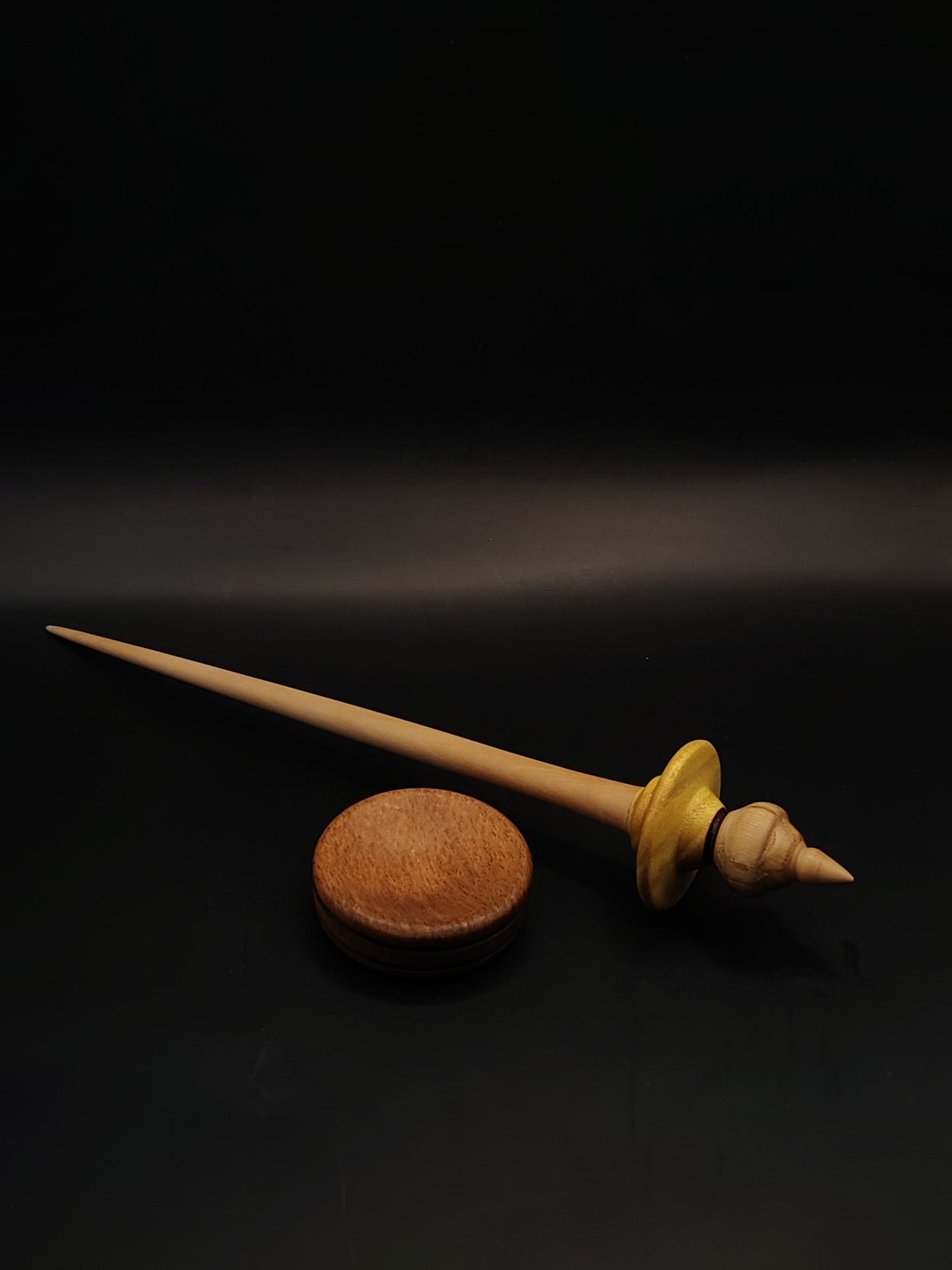 Support Spindle – Pear Shaft + Mulberry & Chestnut Whorl (25.5 cm / 10″, 21 g / 0.74 oz) | Artisan Handmade by Kravelli