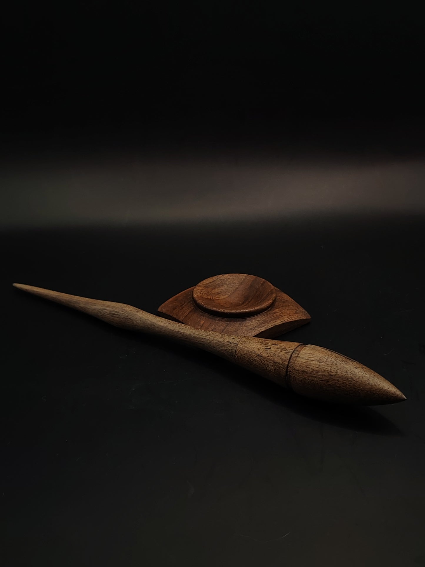 Goddess Support Spindle – Walnut Wood (24.5 cm / 9.6″, 22 g / 0.77 oz) + Walnut Spinning Bowl | Artisan Handmade by Kravelli