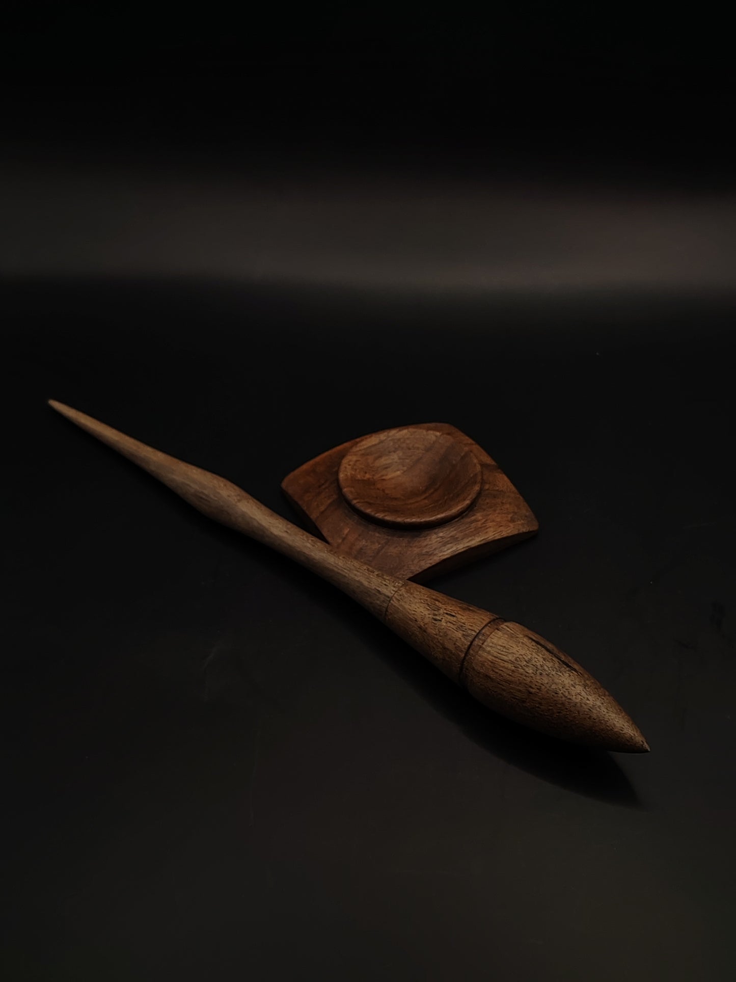 Goddess Support Spindle – Walnut Wood (24.5 cm / 9.6″, 22 g / 0.77 oz) + Walnut Spinning Bowl | Artisan Handmade by Kravelli