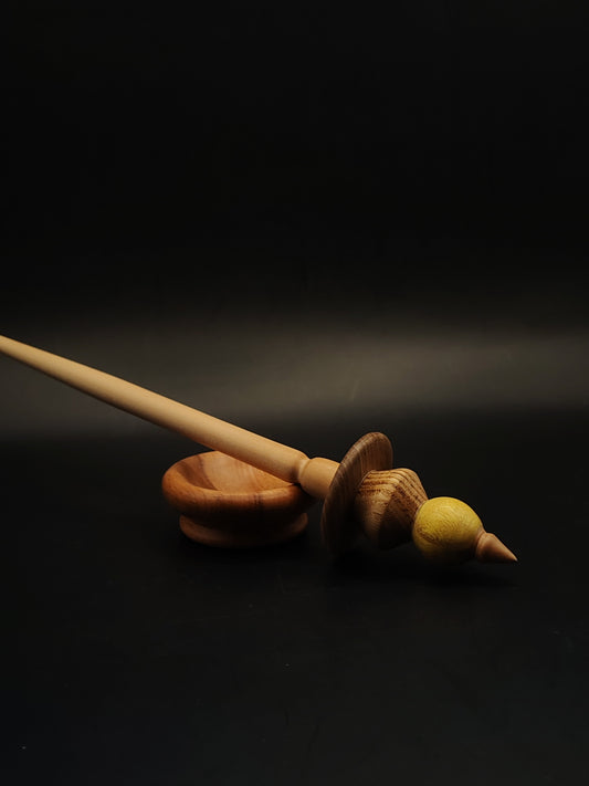 Support Spindle – Apple Shaft + Chestnut & Mulberry Whorl (25 cm / 9.8″, 20 g / 0.70 oz) + Beech Spinning Bowl | Artisan Handmade by Kravelli