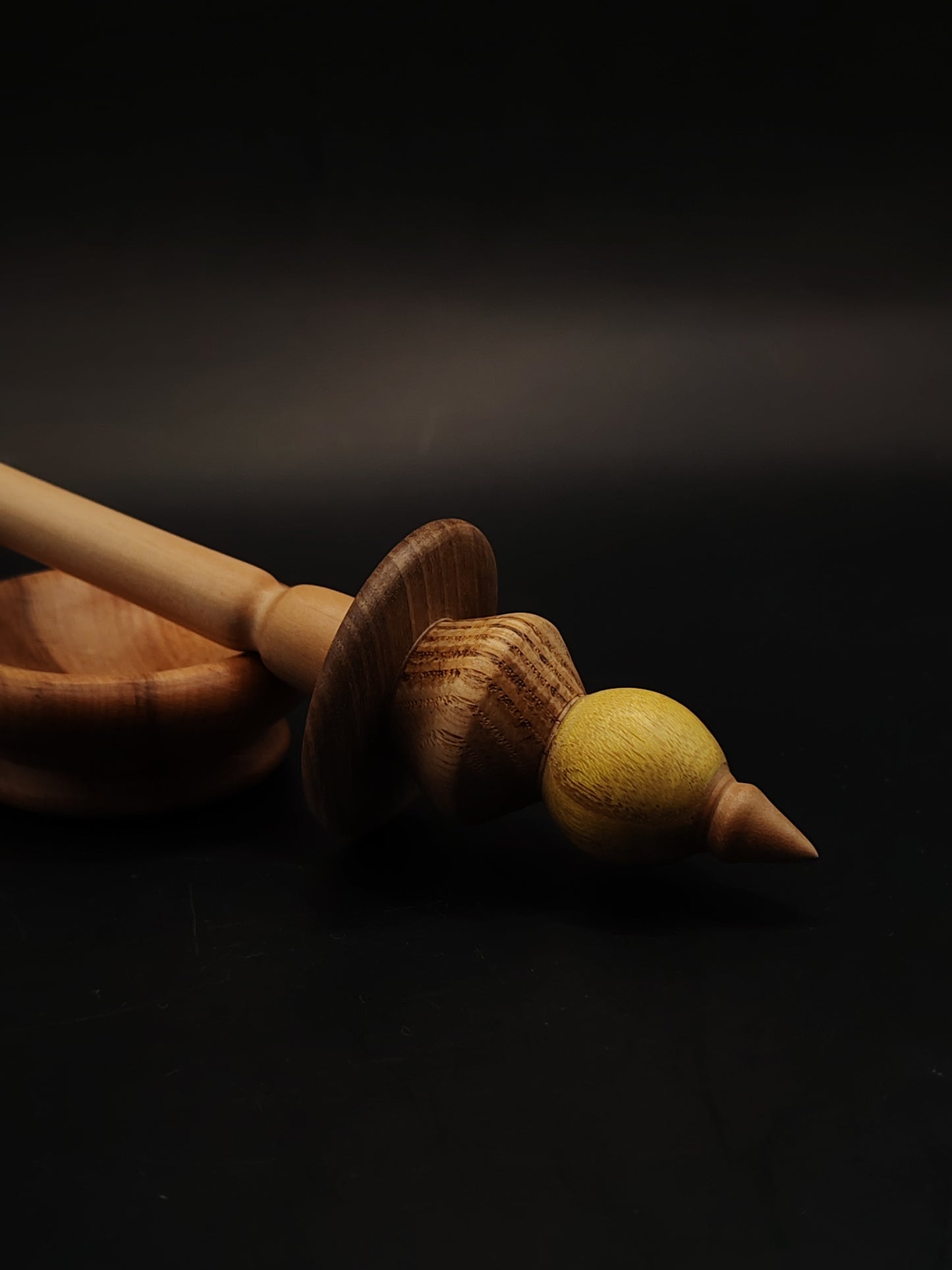 Support Spindle – Apple Shaft + Chestnut & Mulberry Whorl (25 cm / 9.8″, 20 g / 0.70 oz) + Beech Spinning Bowl | Artisan Handmade by Kravelli