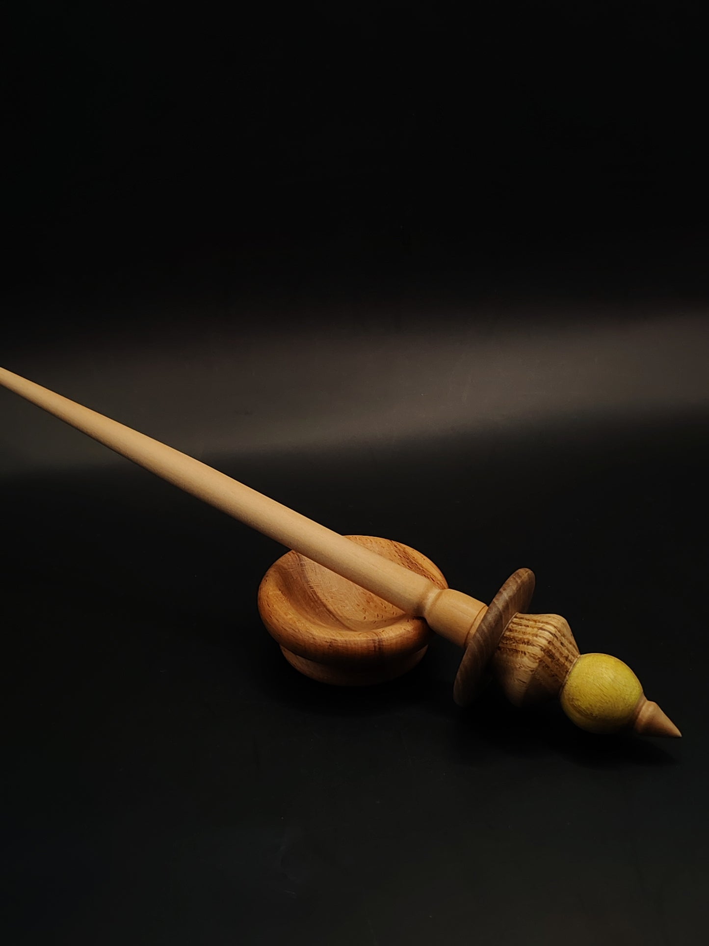 Support Spindle – Apple Shaft + Chestnut & Mulberry Whorl (25 cm / 9.8″, 20 g / 0.70 oz) + Beech Spinning Bowl | Artisan Handmade by Kravelli