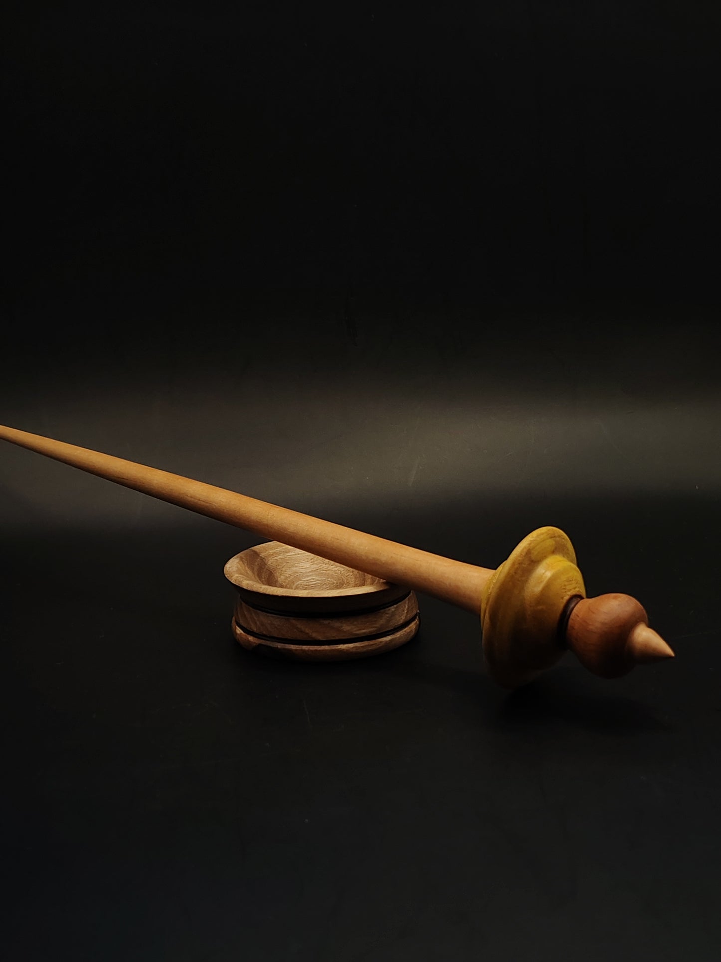 Support Spindle – Pear Shaft + Beech & Mulberry Whorl (26 cm / 10.2″, 21 g / 0.74 oz) + Walnut Spinning Bowl | Artisan Handmade by Kravelli