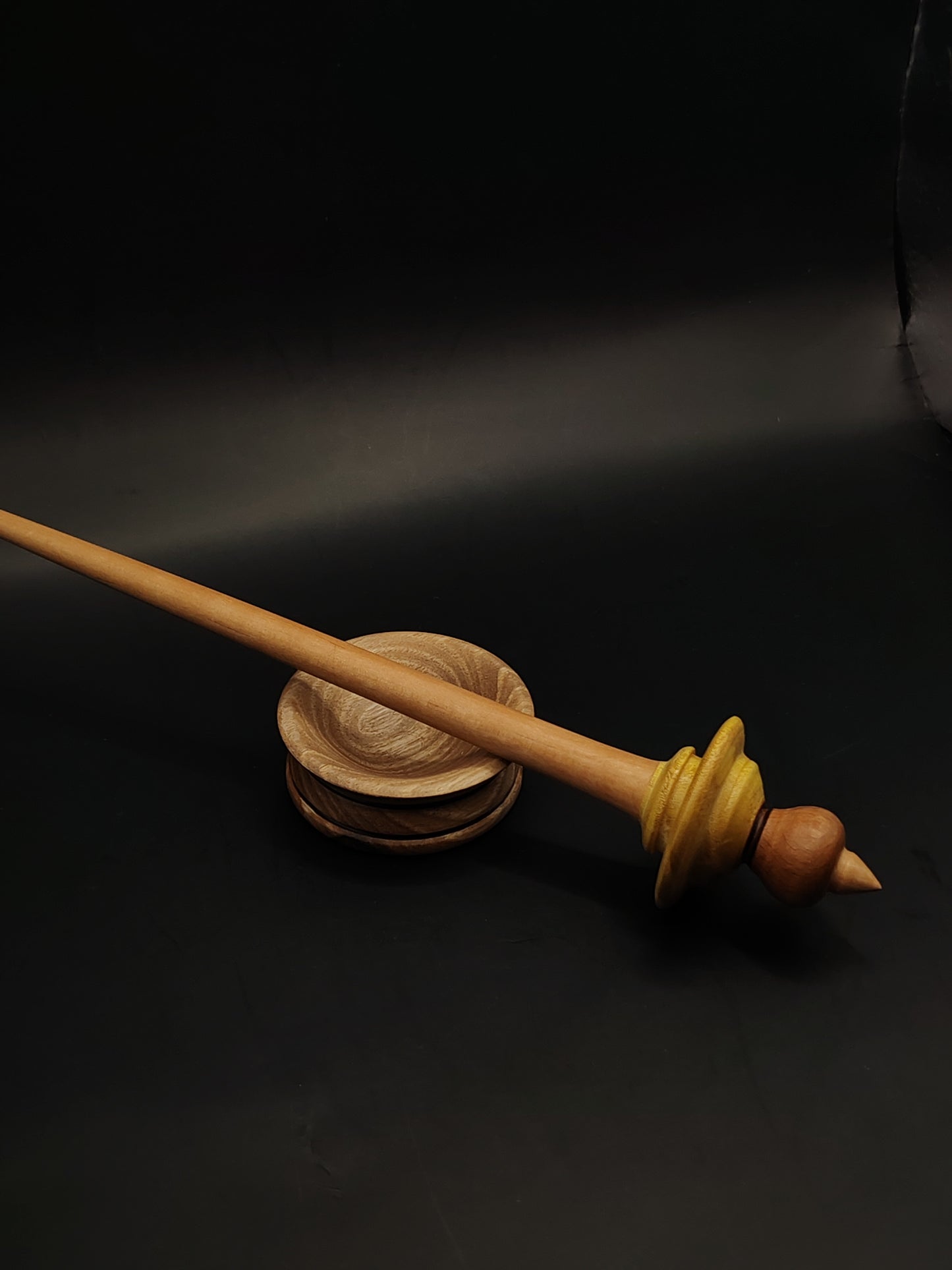 Support Spindle – Pear Shaft + Beech & Mulberry Whorl (26 cm / 10.2″, 21 g / 0.74 oz) + Walnut Spinning Bowl | Artisan Handmade by Kravelli