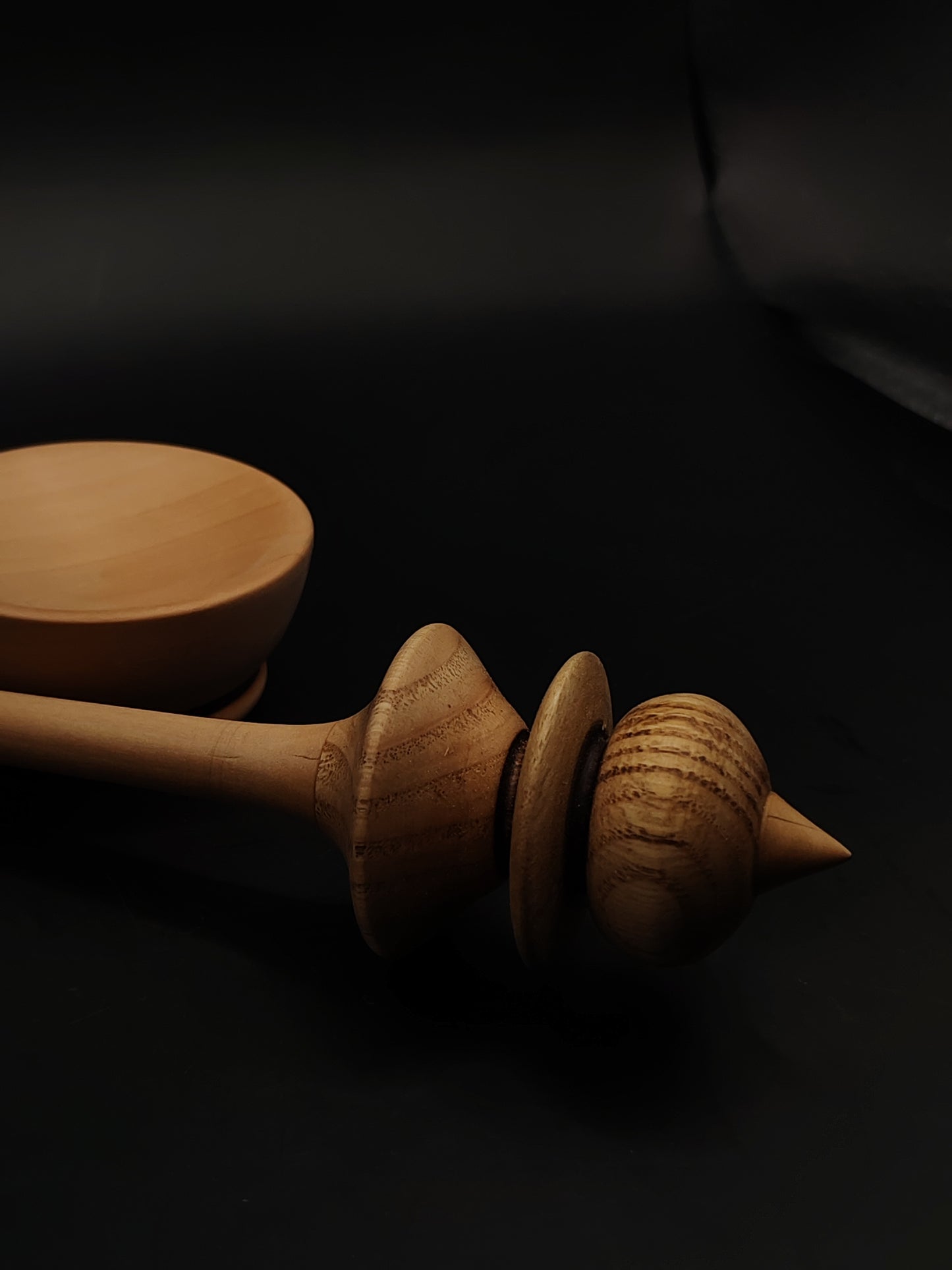 Support Spindle – Chestnut Whorl & Pear Shaft (25 cm / 9.8″, 25 g / 0.88 oz) + Pear Wood Spinning Bowl | Artisan Handmade by Kravelli