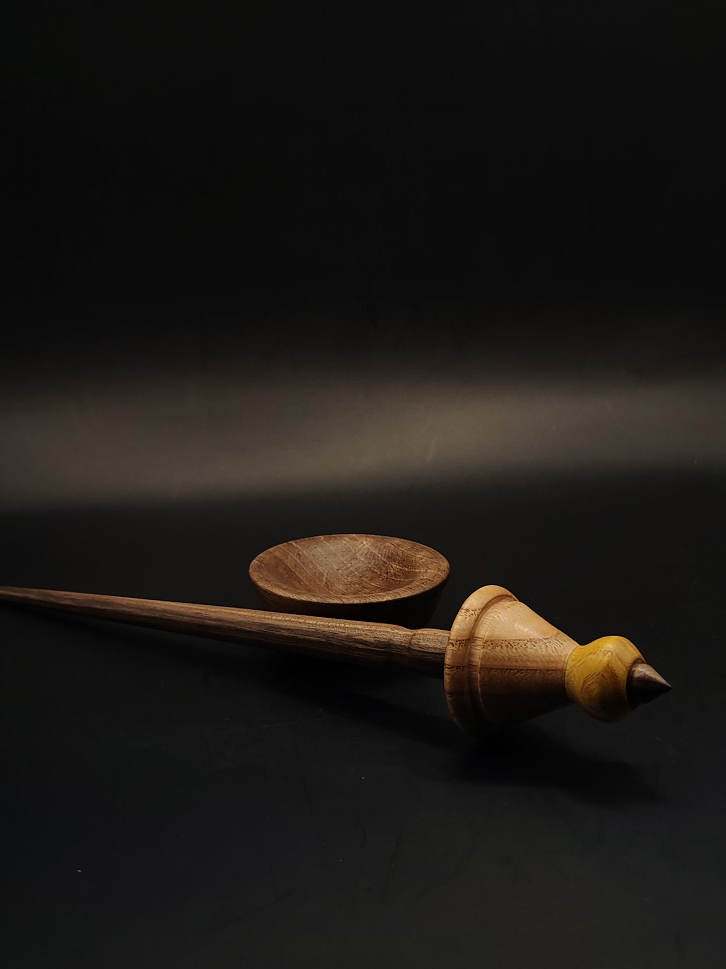 Support Spindle – Walnut Shaft + Chestnut & Mulberry Whorl (25.5 cm / 10″, 20 g / 0.70 oz) + Walnut Spinning Bowl | Artisan Handmade by Kravelli