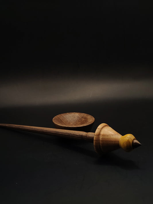 Support Spindle – Walnut Shaft + Chestnut & Mulberry Whorl (25.5 cm / 10″, 20 g / 0.70 oz) + Walnut Spinning Bowl | Artisan Handmade by Kravelli