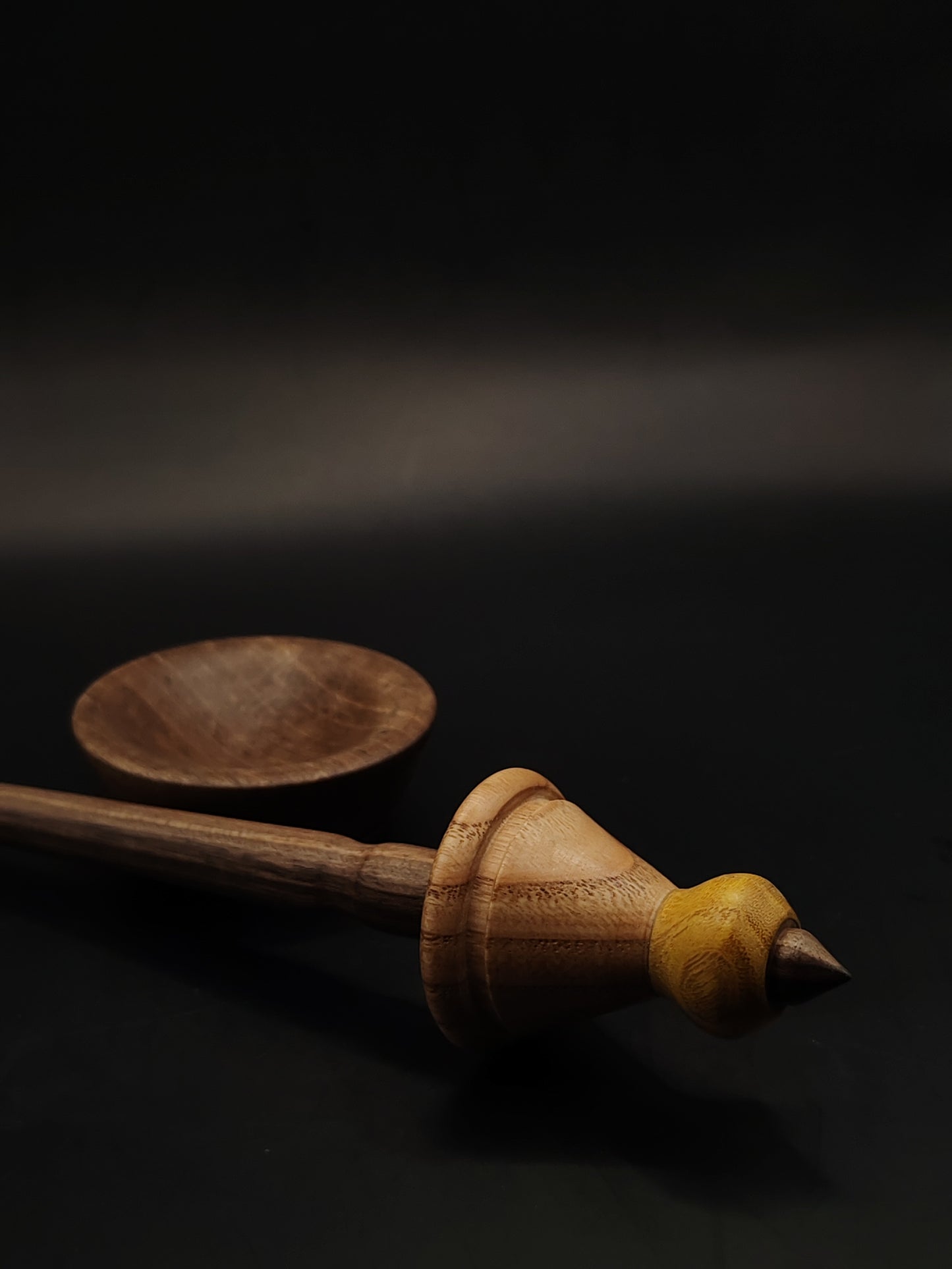 Support Spindle – Walnut Shaft + Chestnut & Mulberry Whorl (25.5 cm / 10″, 20 g / 0.70 oz) + Walnut Spinning Bowl | Artisan Handmade by Kravelli