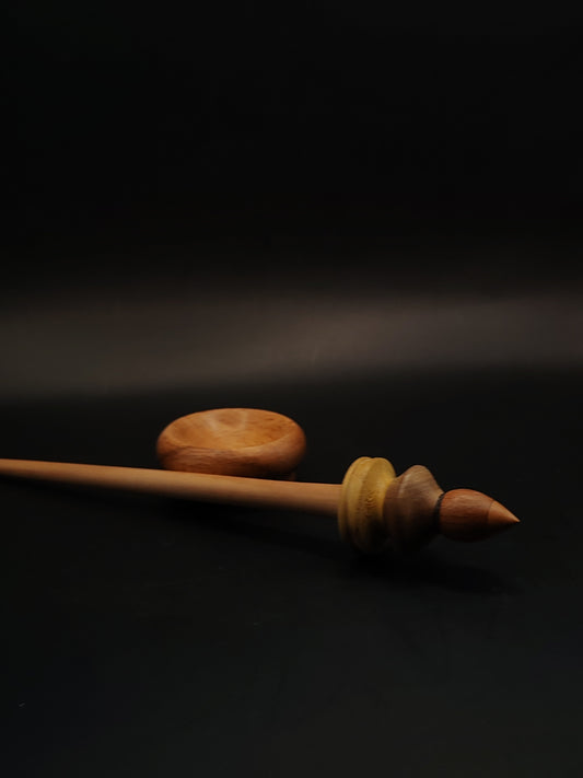 Colorful Support Spindle – Apple Shaft + Beech/Walnut/Mulberry Whorl (25.5 cm / 10″, 21 g / 0.74 oz) + Beech Spinning Bowl | Artisan Handmade by Kravelli