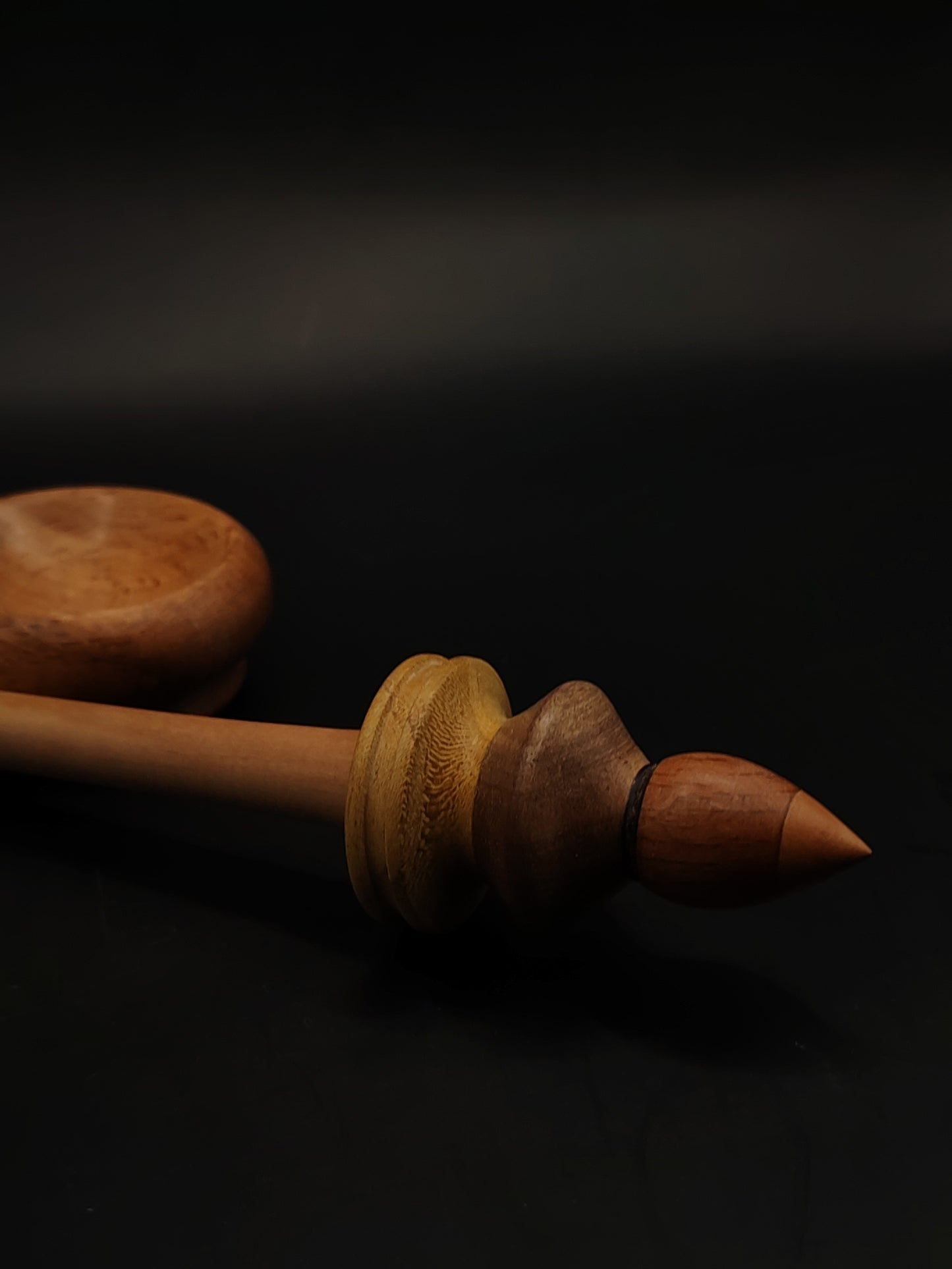 Colorful Support Spindle – Apple Shaft + Beech/Walnut/Mulberry Whorl (25.5 cm / 10″, 21 g / 0.74 oz) + Beech Spinning Bowl | Artisan Handmade by Kravelli