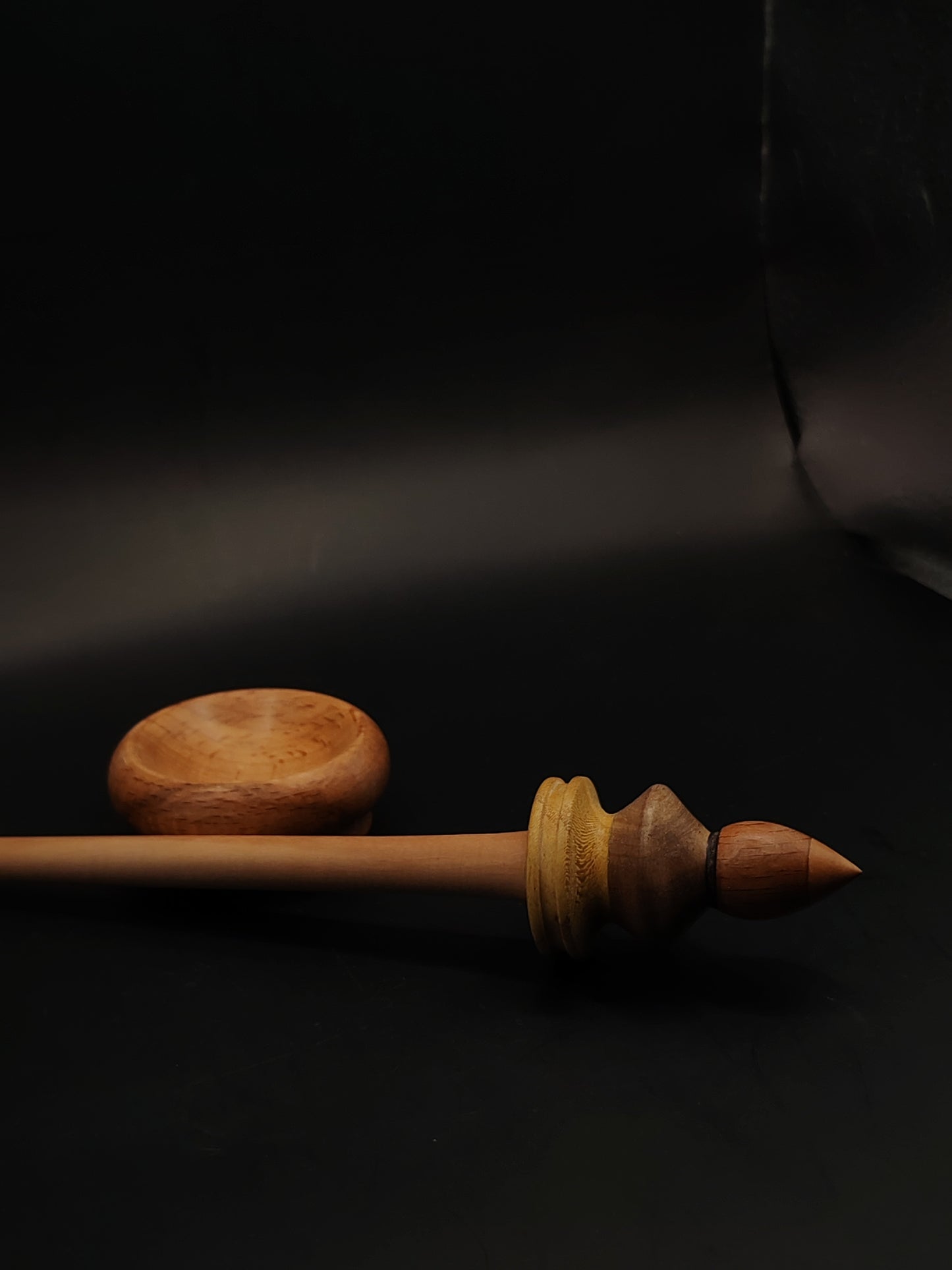 Colorful Support Spindle – Apple Shaft + Beech/Walnut/Mulberry Whorl (25.5 cm / 10″, 21 g / 0.74 oz) + Beech Spinning Bowl | Artisan Handmade by Kravelli