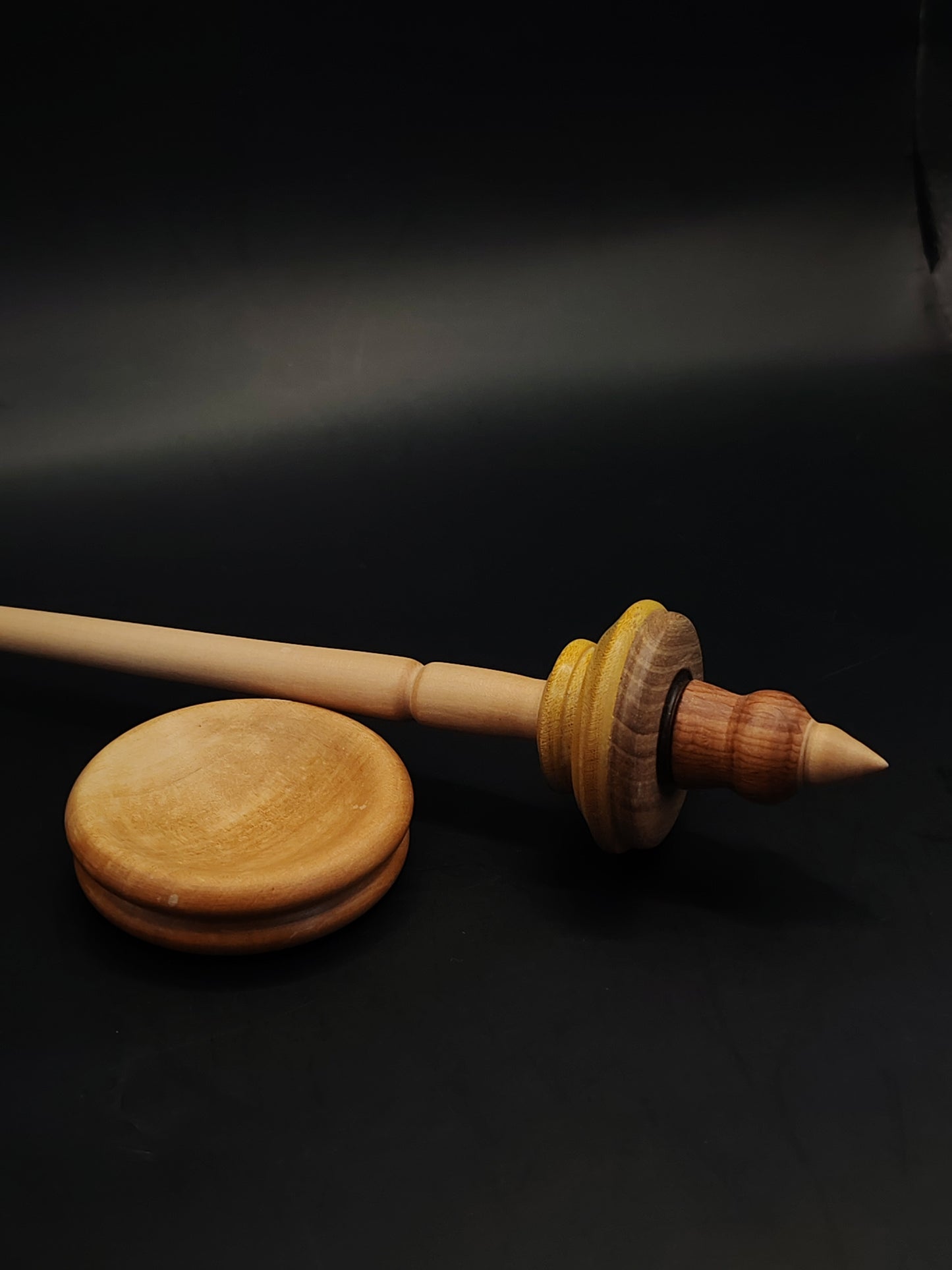 Support Spindle – Apple Shaft & Beech/Walnut/Mulberry Whorl (26 cm / 10.2″, 22 g / 0.78 oz) | Artisan Multi-Wood Spindle by Kravelli