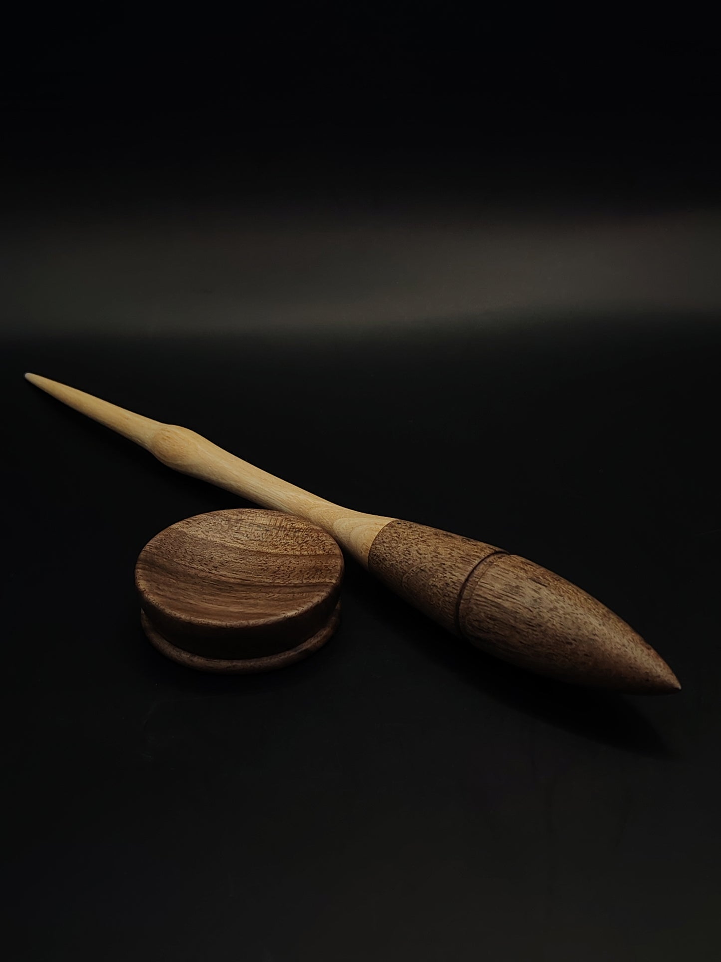 Goddess support spindle handcrafted from chestnut and walnut, paired with walnut bowl