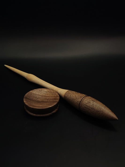 Goddess support spindle handcrafted from chestnut and walnut, paired with walnut bowl