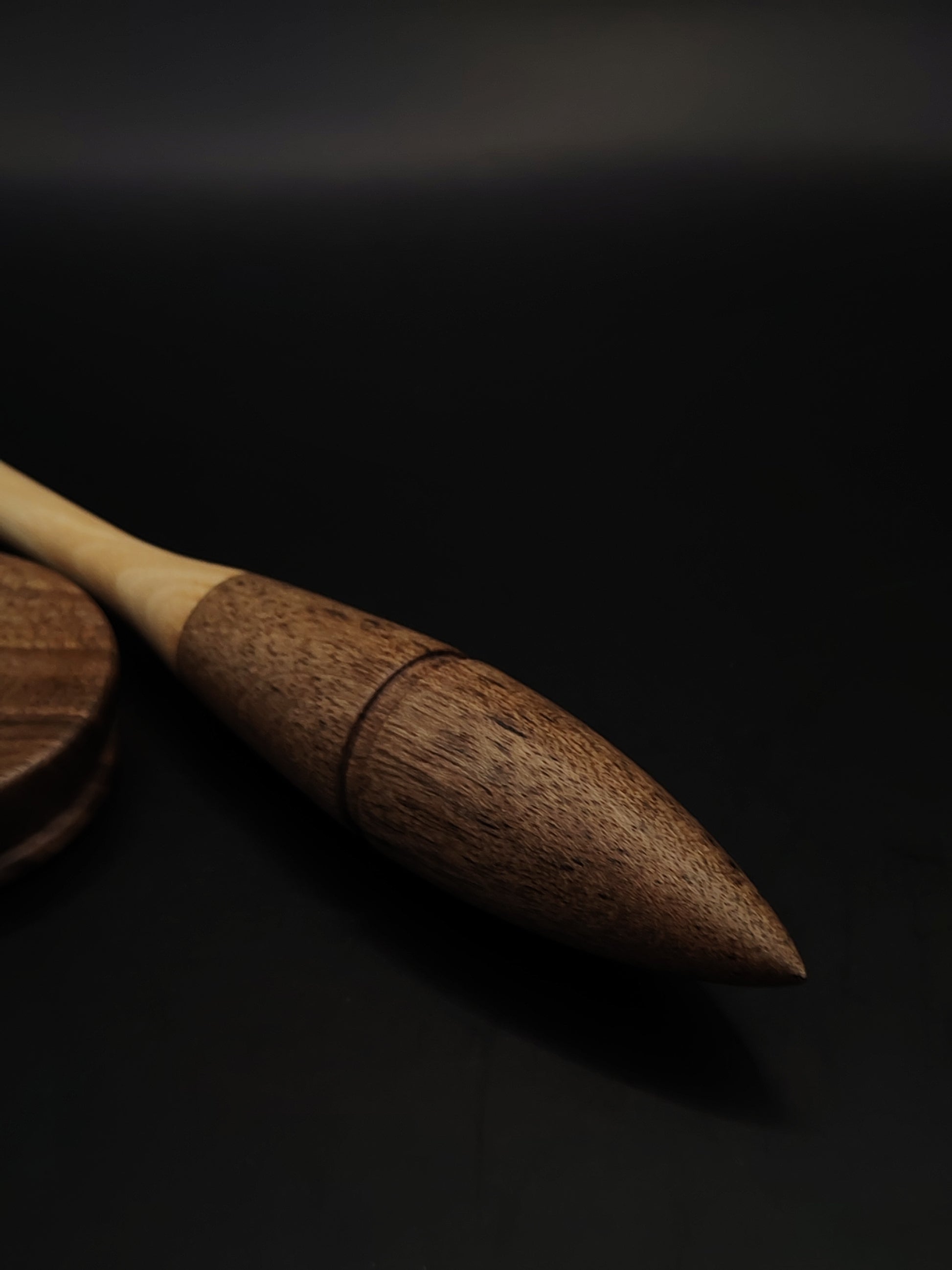 Artisan handmade support spindle with goddess-inspired shape and walnut spinning bowl