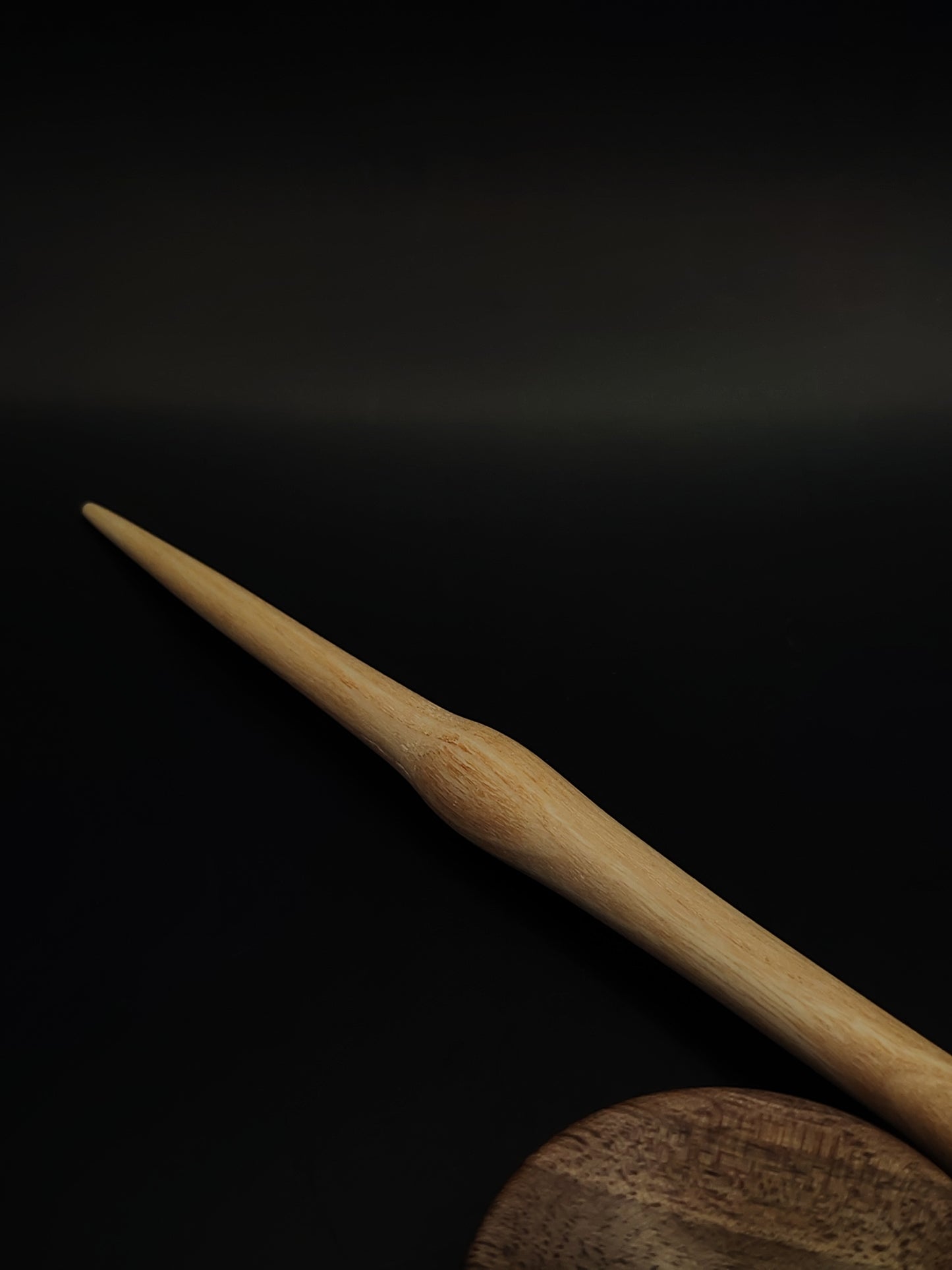 25 cm goddess support spindle displayed with matching walnut bowl for fiber spinning