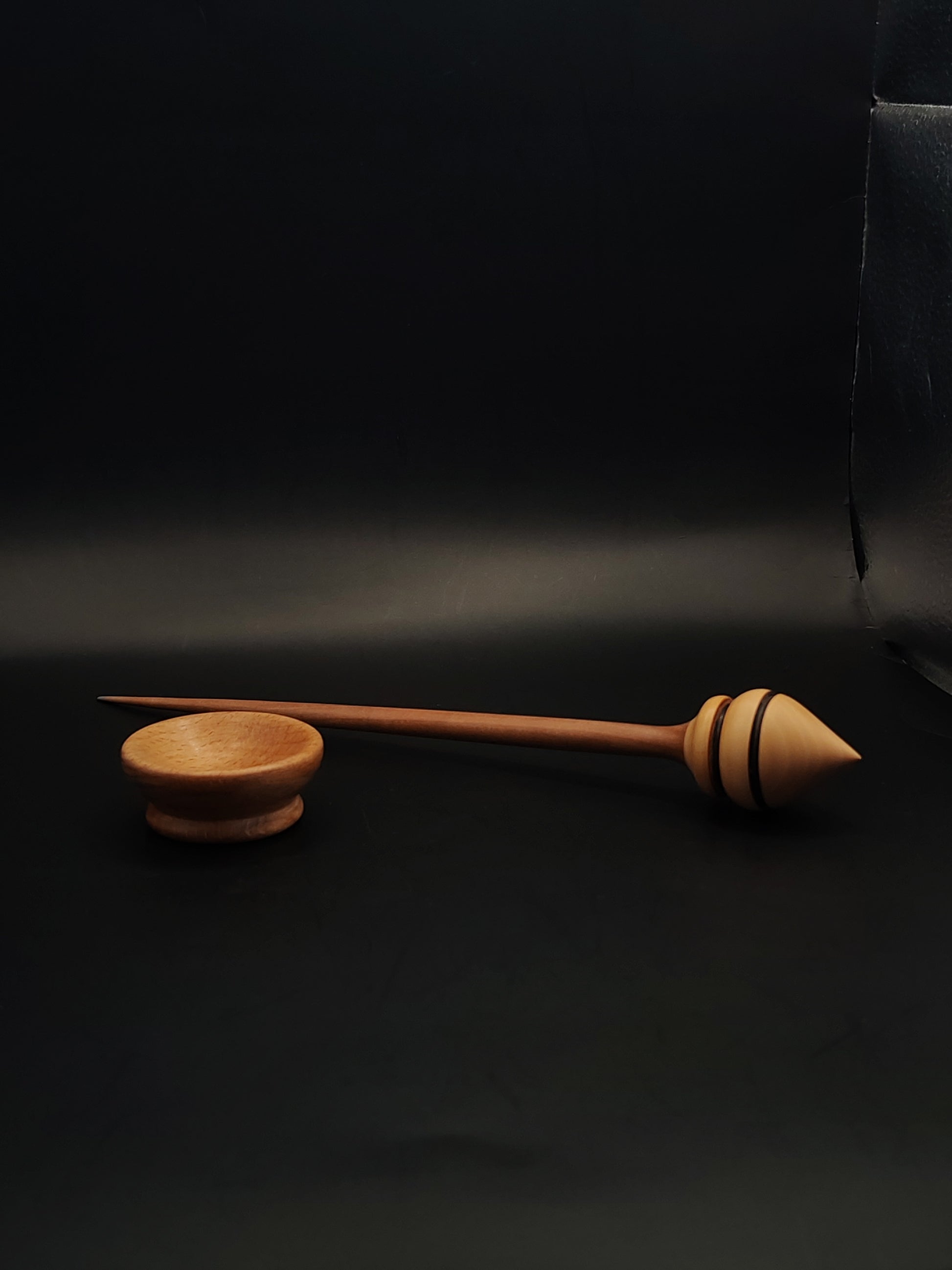 26 cm handmade spinning spindle set with natural wood tones and beech support bowl