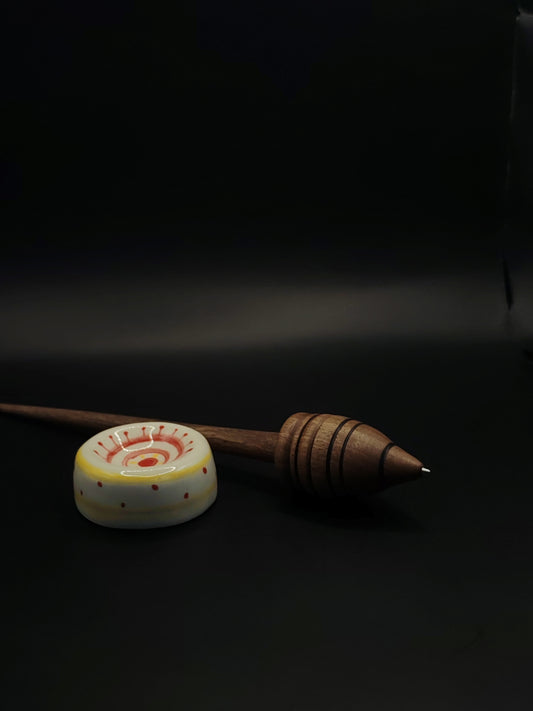 Support Spindle with Metal Tip – Walnut Wood (26 cm / 10.2″, 31 g / 1.09 oz) + Hand-Painted Ceramic Spinning Bowl | Artisan Handmade by Kravelli