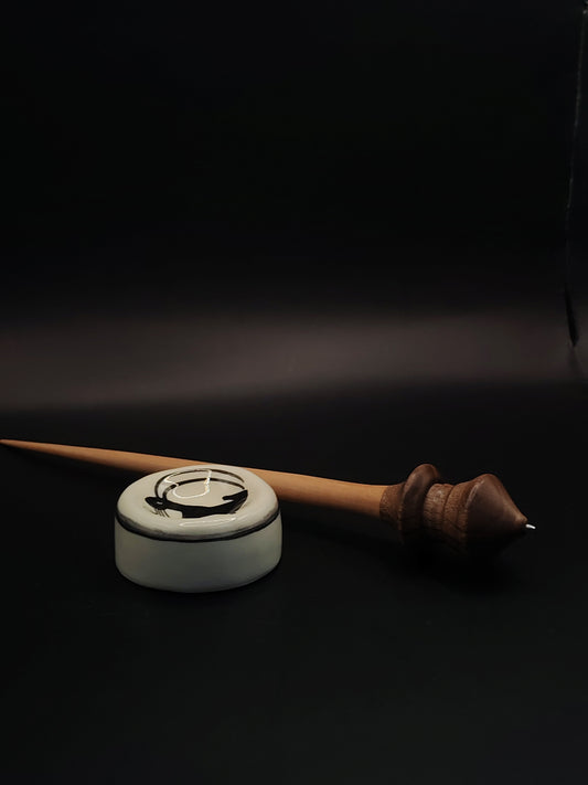 Support Spindle with Metal Tip – Pear Shaft & Walnut Whorl (25.5 cm / 10″, 25 g / 0.88 oz) + Handmade Ceramic Spinning Bowl | Artisan by Kravelli