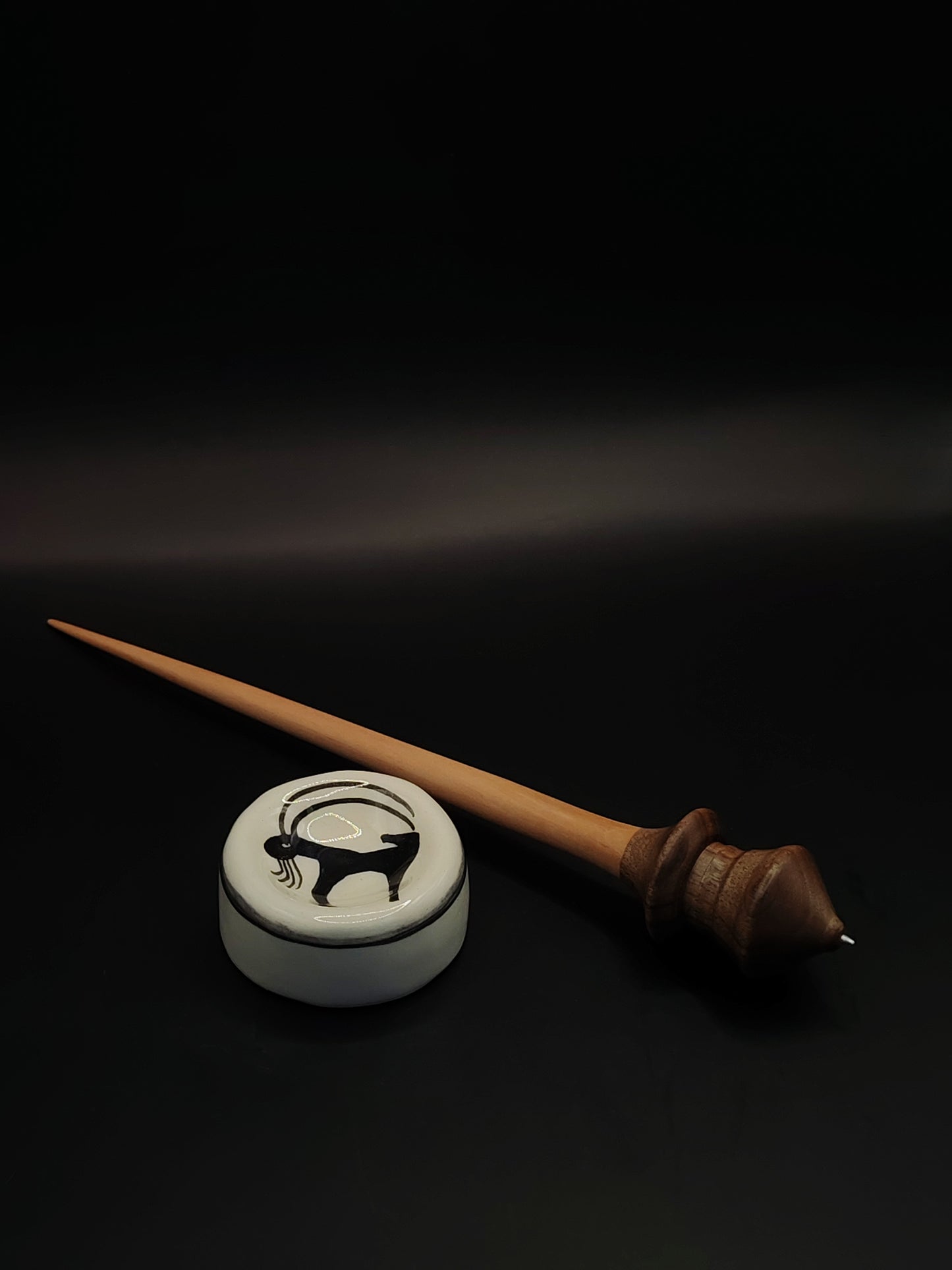 Support Spindle with Metal Tip – Pear Shaft & Walnut Whorl (25.5 cm / 10″, 25 g / 0.88 oz) + Handmade Ceramic Spinning Bowl | Artisan by Kravelli