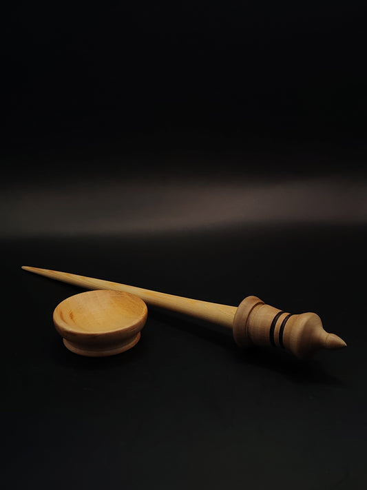 Support Spindle – Larch Shaft & Grey Walnut Whorl (26.5 cm / 10.4″, 23 g / 0.81 oz) + Pear Spinning Bowl | Artisan Handmade by Kravelli