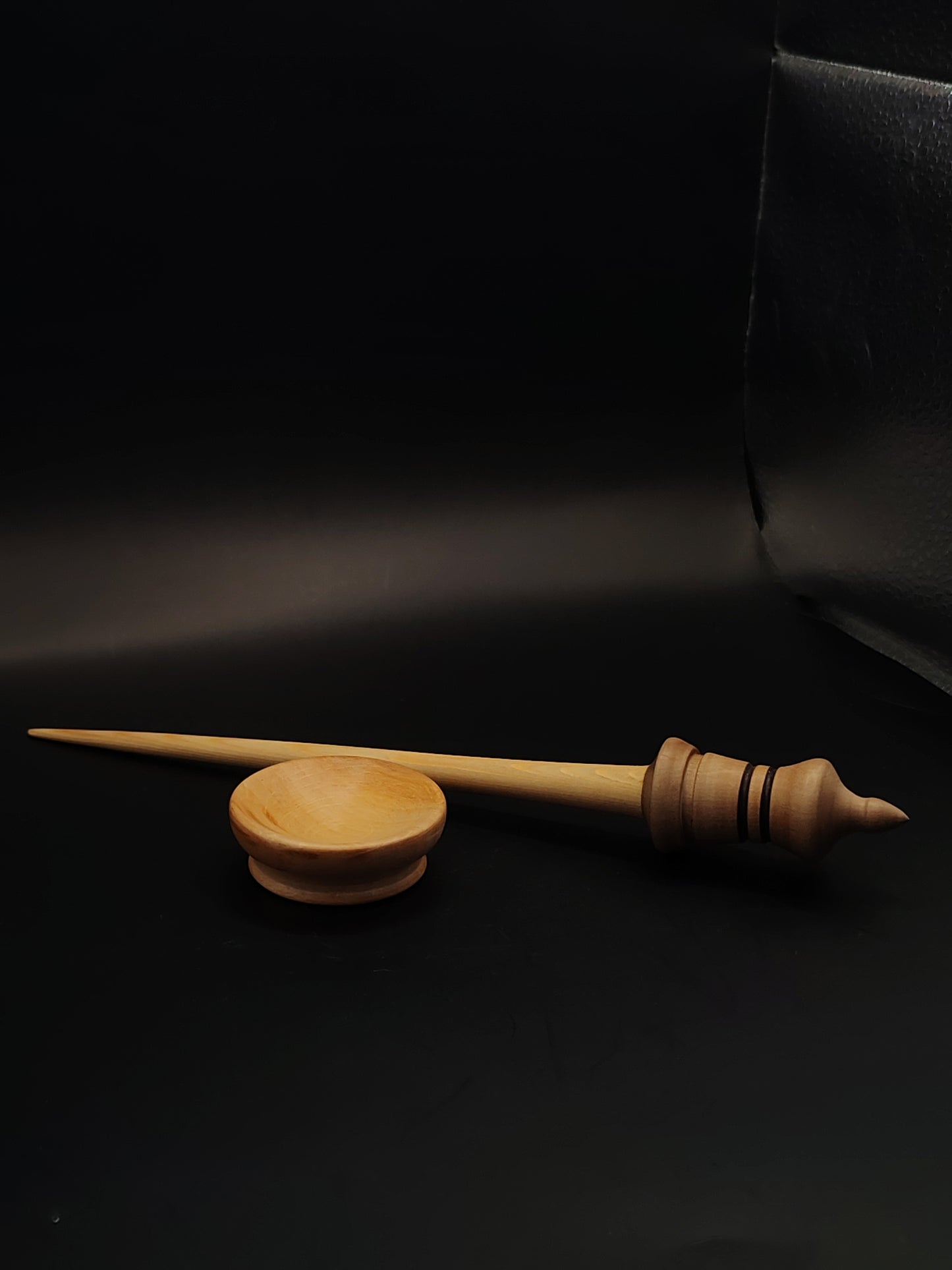 Support Spindle – Larch Shaft & Grey Walnut Whorl (26.5 cm / 10.4″, 23 g / 0.81 oz) + Pear Spinning Bowl | Artisan Handmade by Kravelli