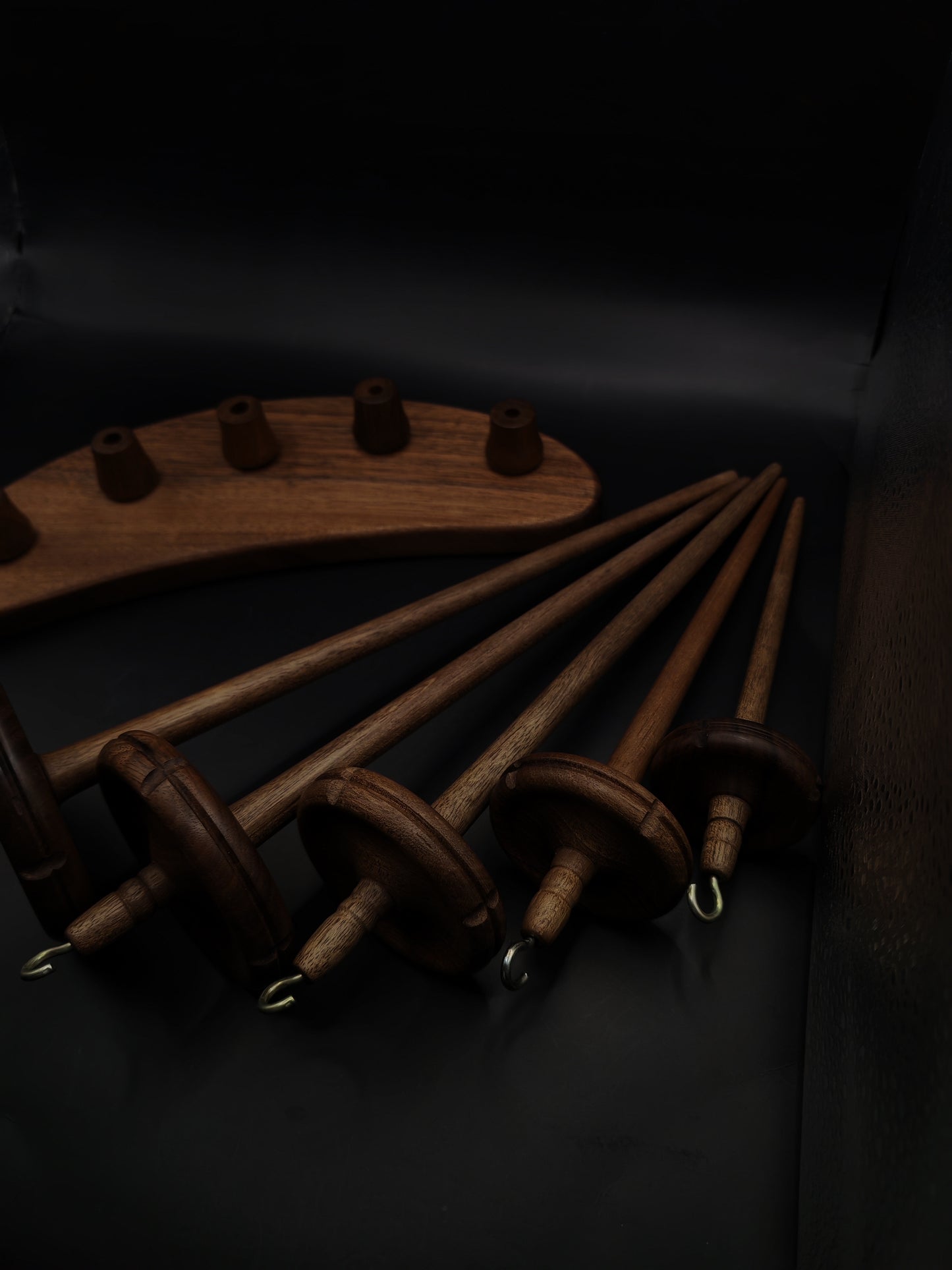 Drop Spindle Set of 5 Walnut Wood Complete Spinning Set Handmade with artisan spindles and spindle holder.
