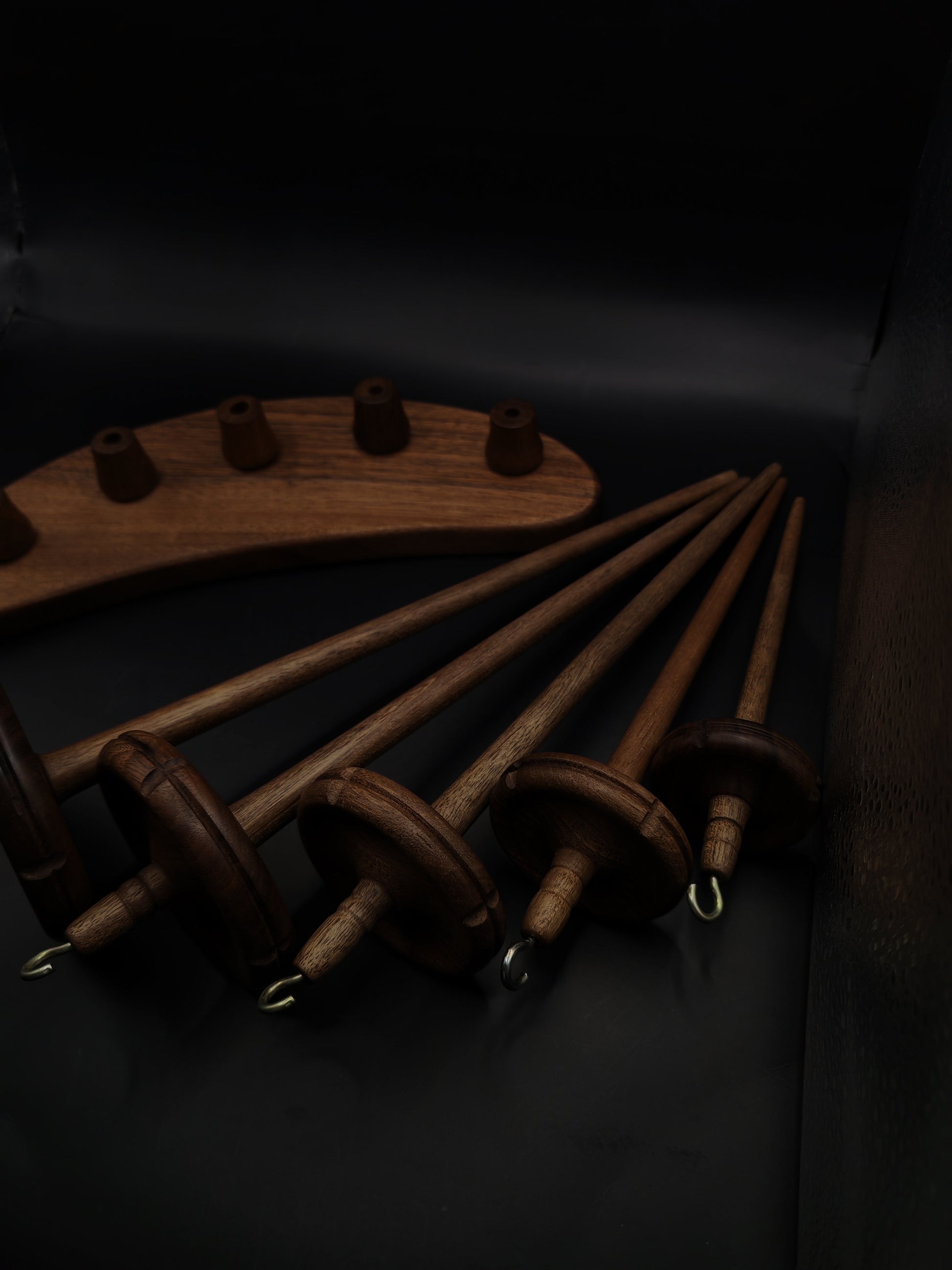 Drop Spindle Set of 5 Walnut Wood Complete Spinning Set Handmade with artisan spindles and spindle holder.