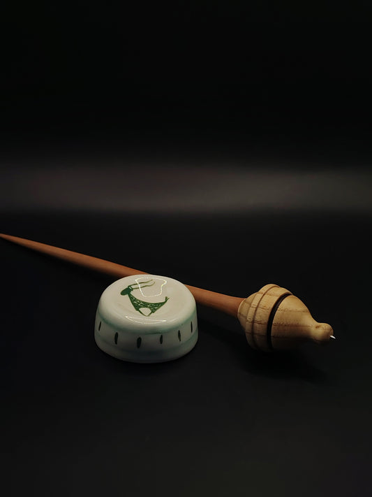 Support Spindle with Metal Tip – Chestnut Whorl & Pear Shaft, 28.5 cm, 24 g + Ceramic Bowl