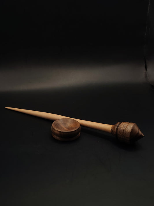 Support Spindle – Apple Shaft & Walnut Whorl, 23.5 cm / 9.3″, 20 g + Tiny Bowl