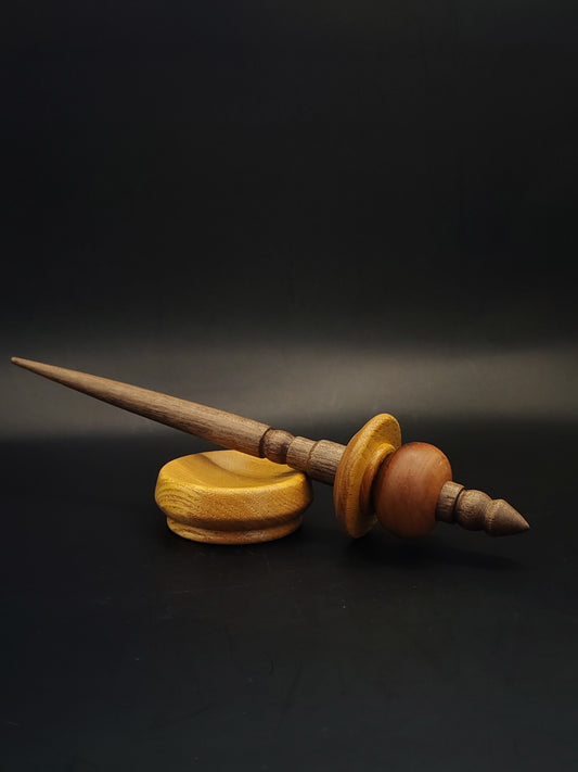 Artisan Support Spindle – Walnut Shaft & Mulberry–Plum Whorl, 23.5 cm / 9.3″, 33 g + Bowl
