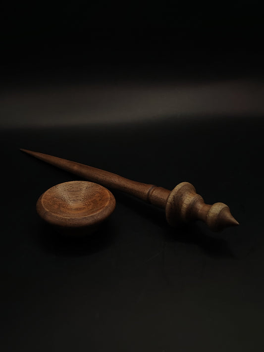 Support Spindle for Yarn Spinning – Walnut Wood, 24 cm (9.4″), 24 g, Bowl Set