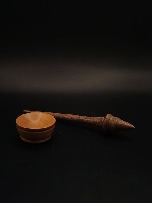 Mini Support Spindle for Yarn Spinning – Beech & Walnut, 15.5 cm (6.1″), 11 g Bowl