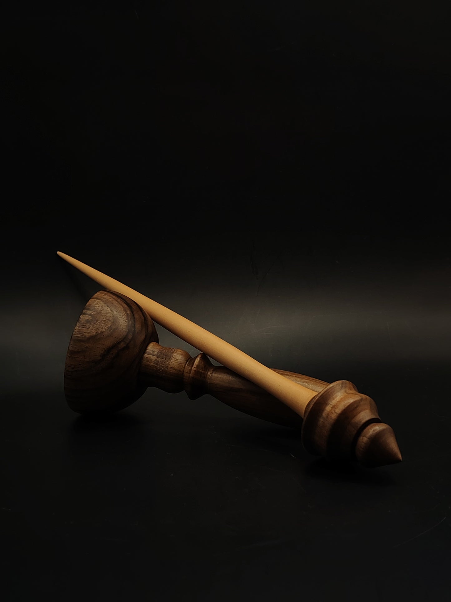Apple wood support spindle with walnut whorl and lap bowl