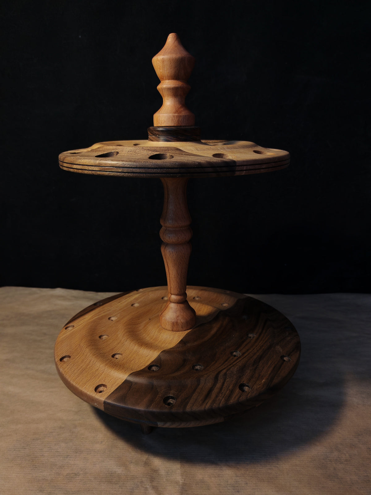 Beech and Walnut Rotating Spindle Stand for 24 Spindles