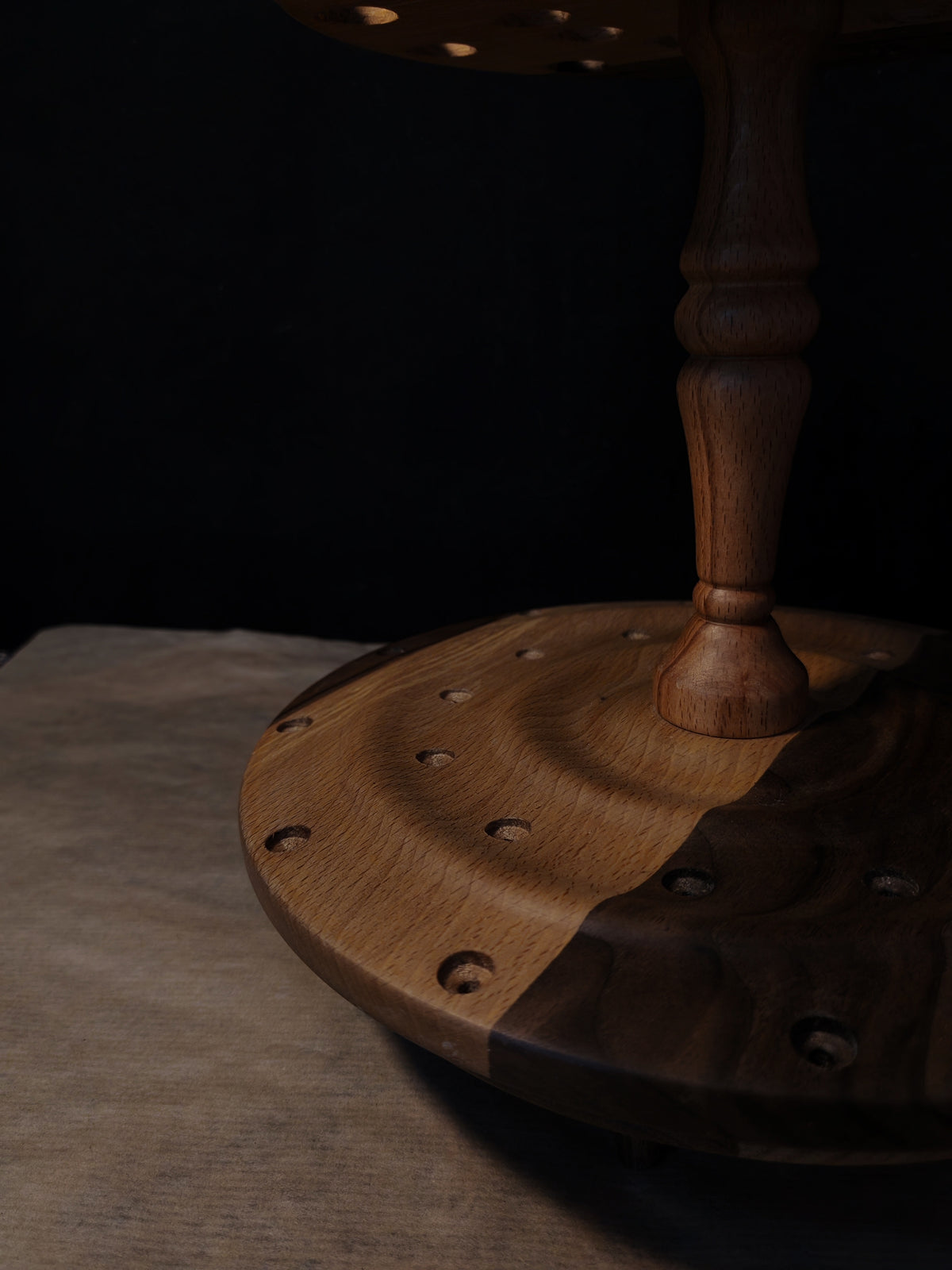 Beech and Walnut Rotating Spindle Stand for 24 Spindles