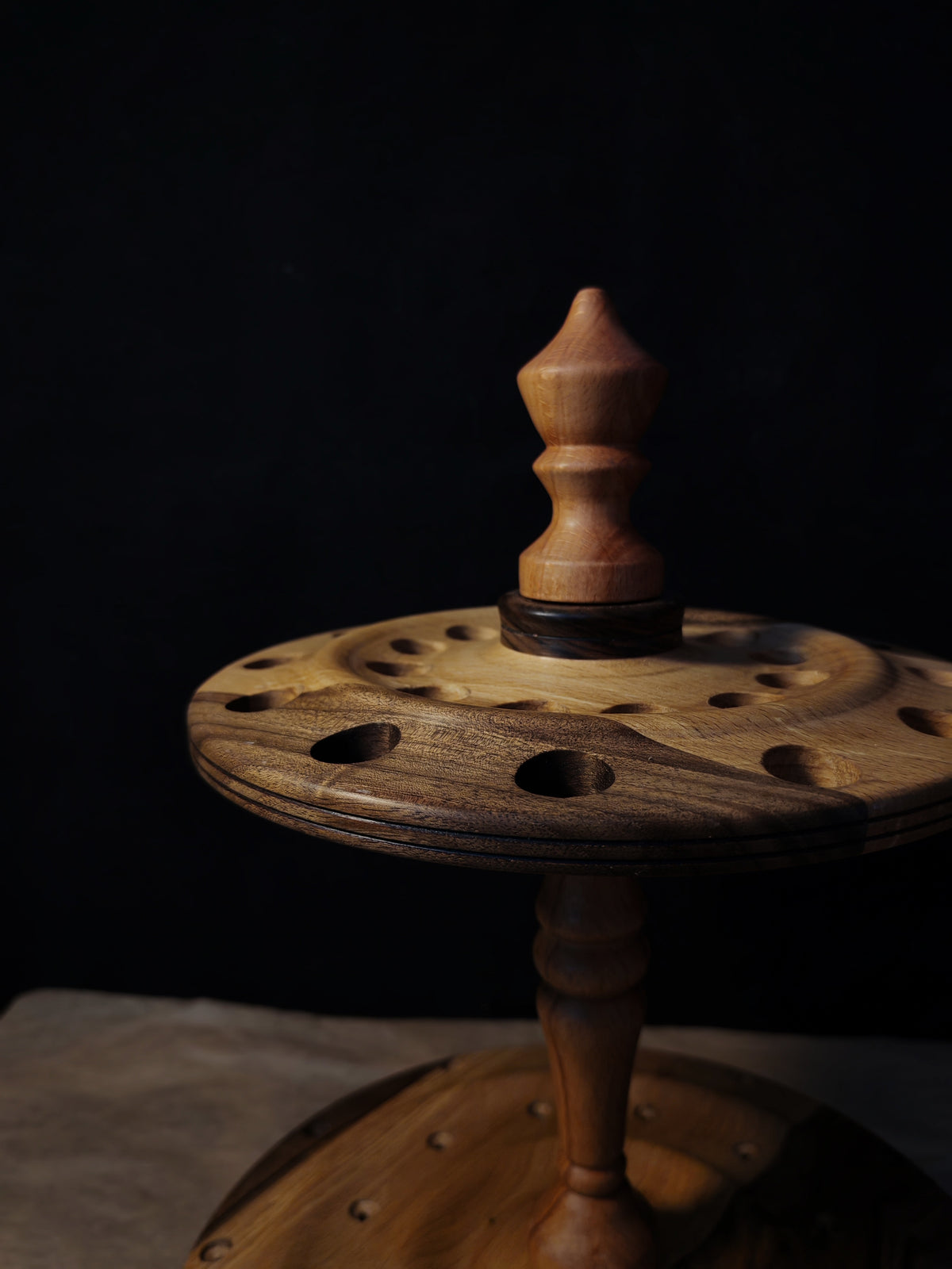 Beech and Walnut Rotating Spindle Stand for 24 Spindles