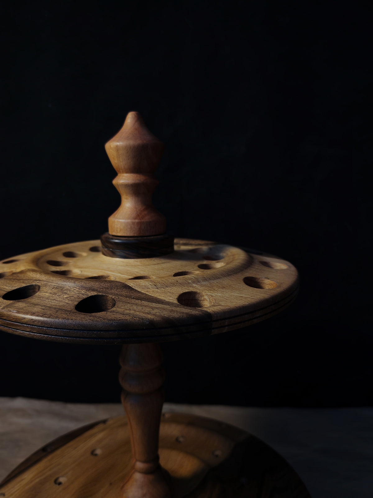 Beech and Walnut Rotating Spindle Stand for 24 Spindles